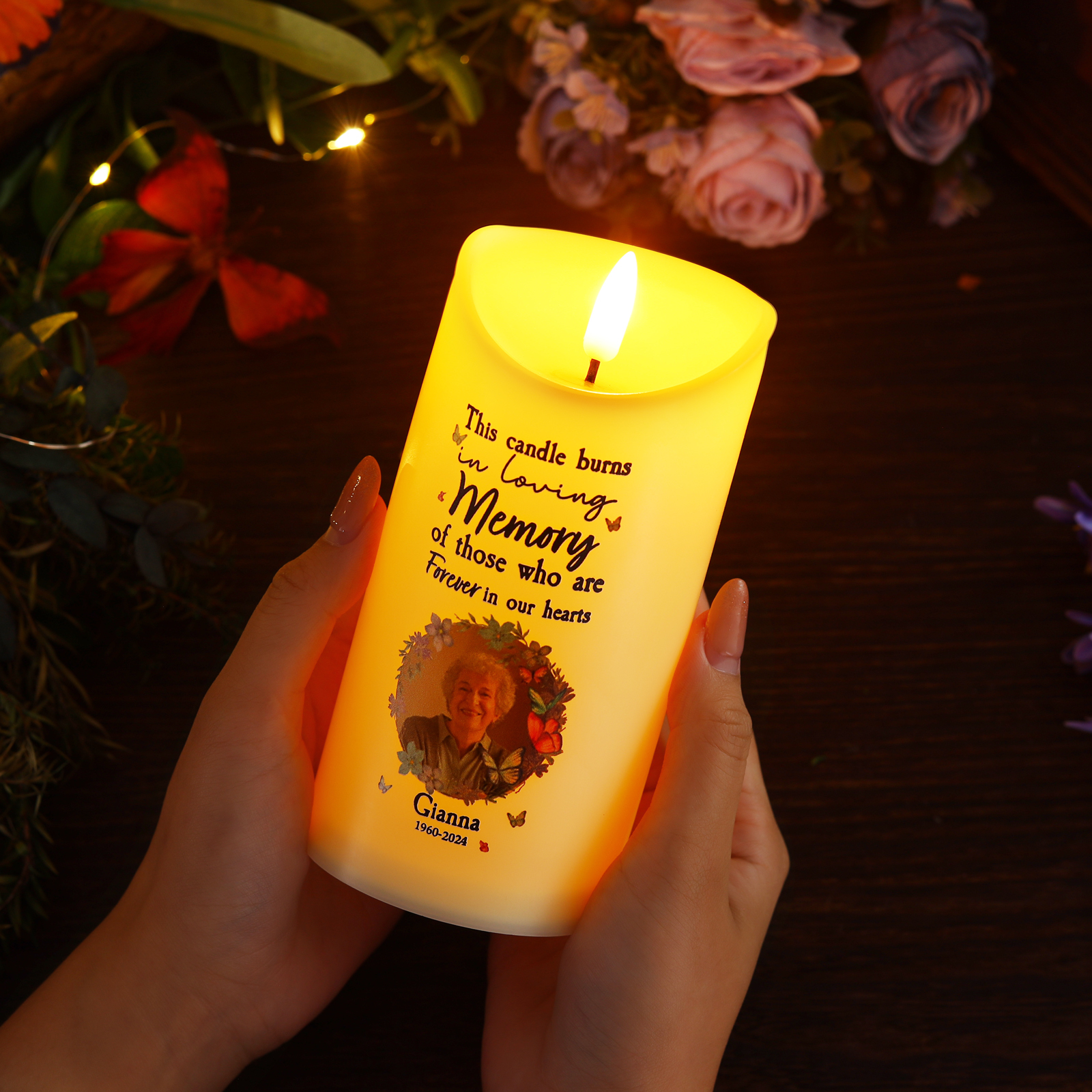 Personalized Memorial Electric Candle with Name, Photo & Date Heartfelt Christmas Tribute