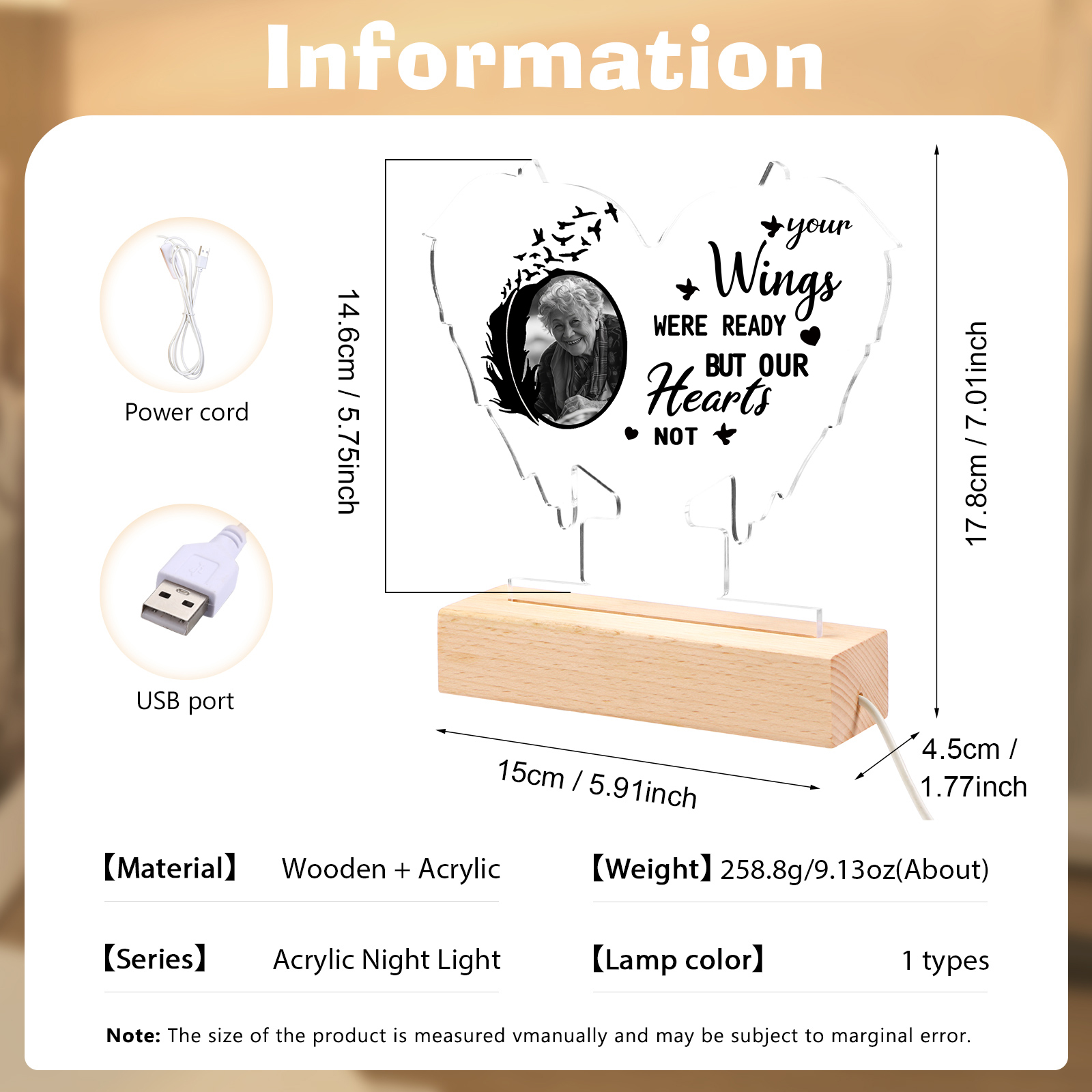 Personalized Memorial Heart Light with Custom Photo A Lasting Tribute in Wing Shape