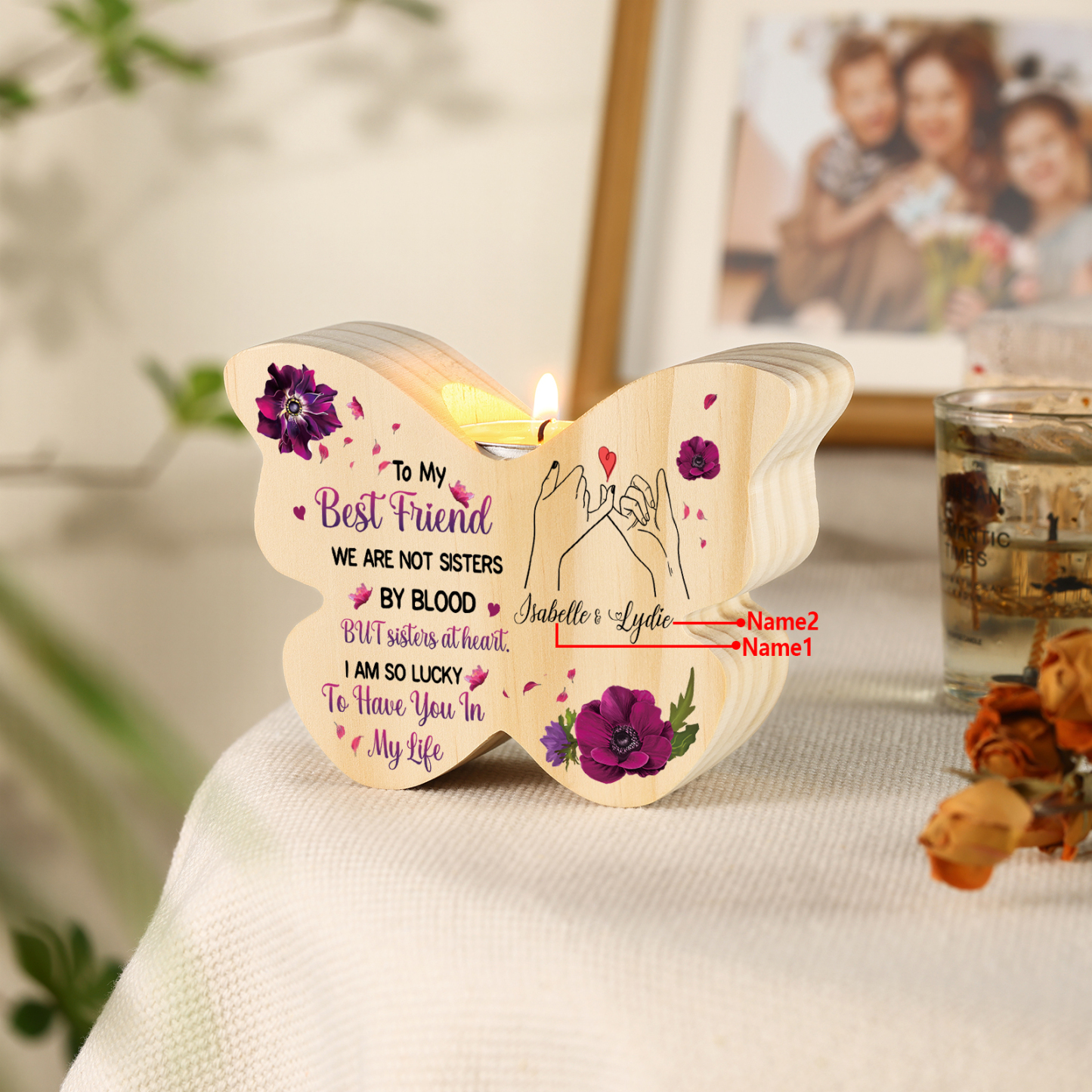 Personalized Butterfly Candle Holder with 2 Names Commemorative Friendship Keepsake