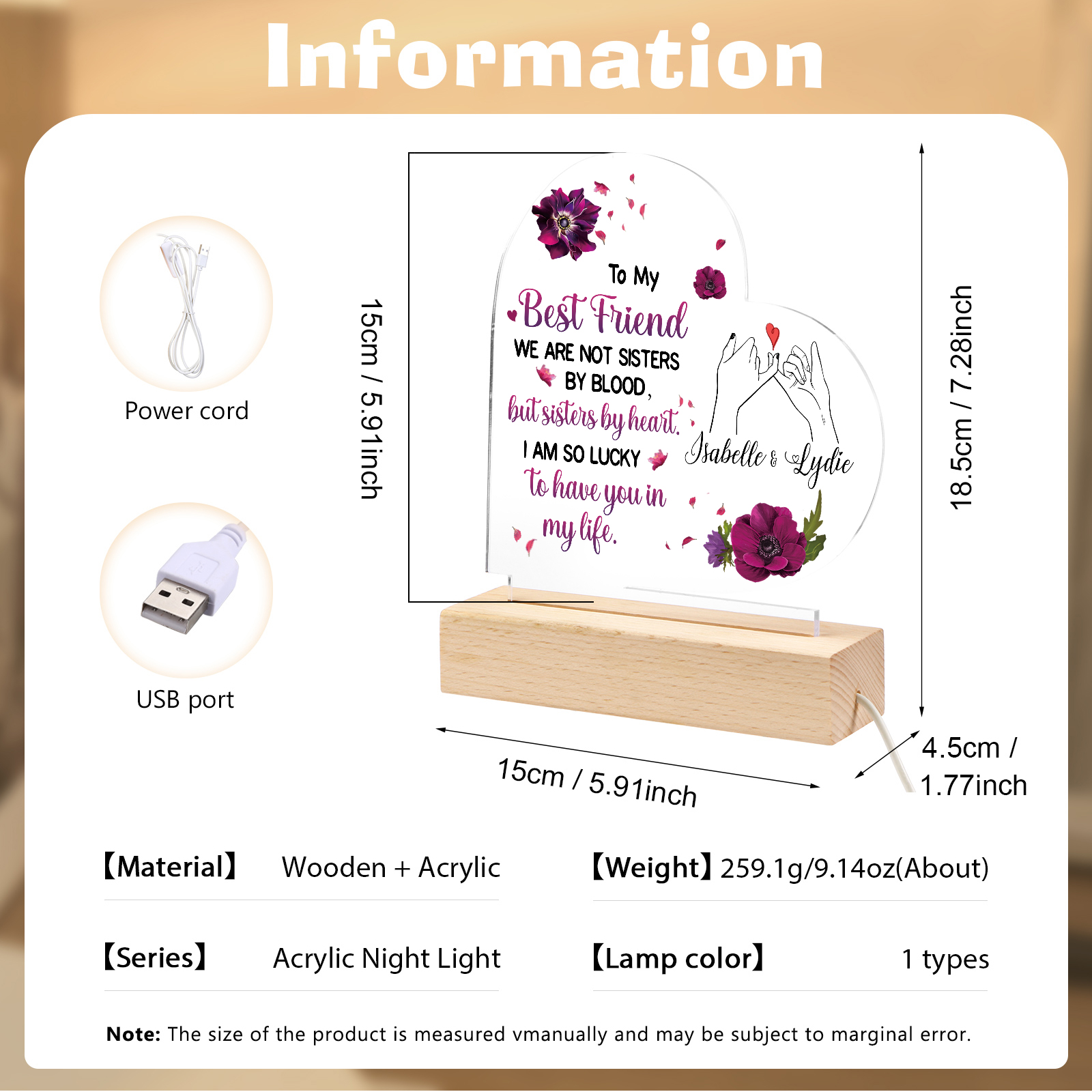 Personalized Heart-Shaped Memorial Light with Custom 2 Names Cherished Friendship Keepsake