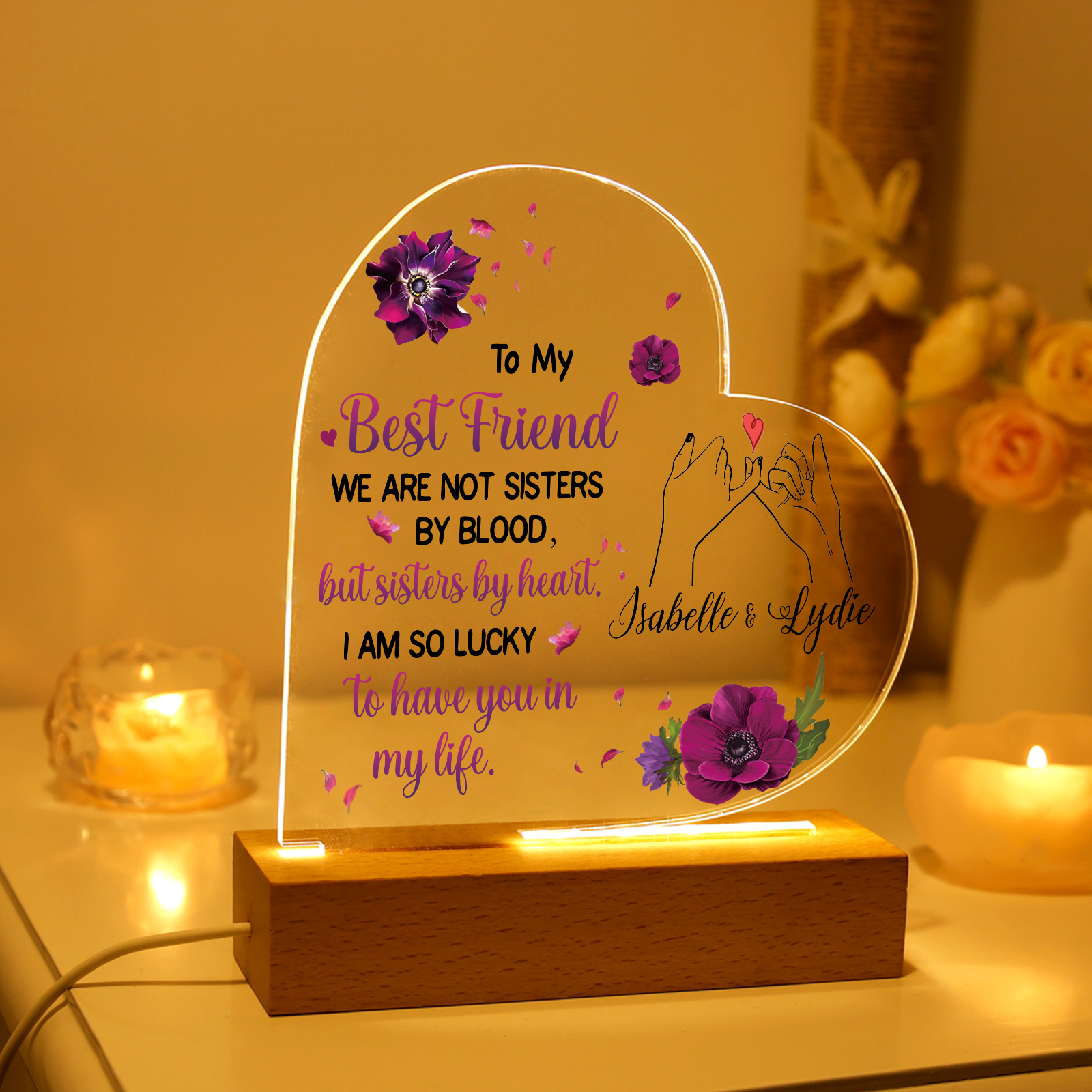 Personalized Heart-Shaped Memorial Light with Custom 2 Names Cherished Friendship Keepsake