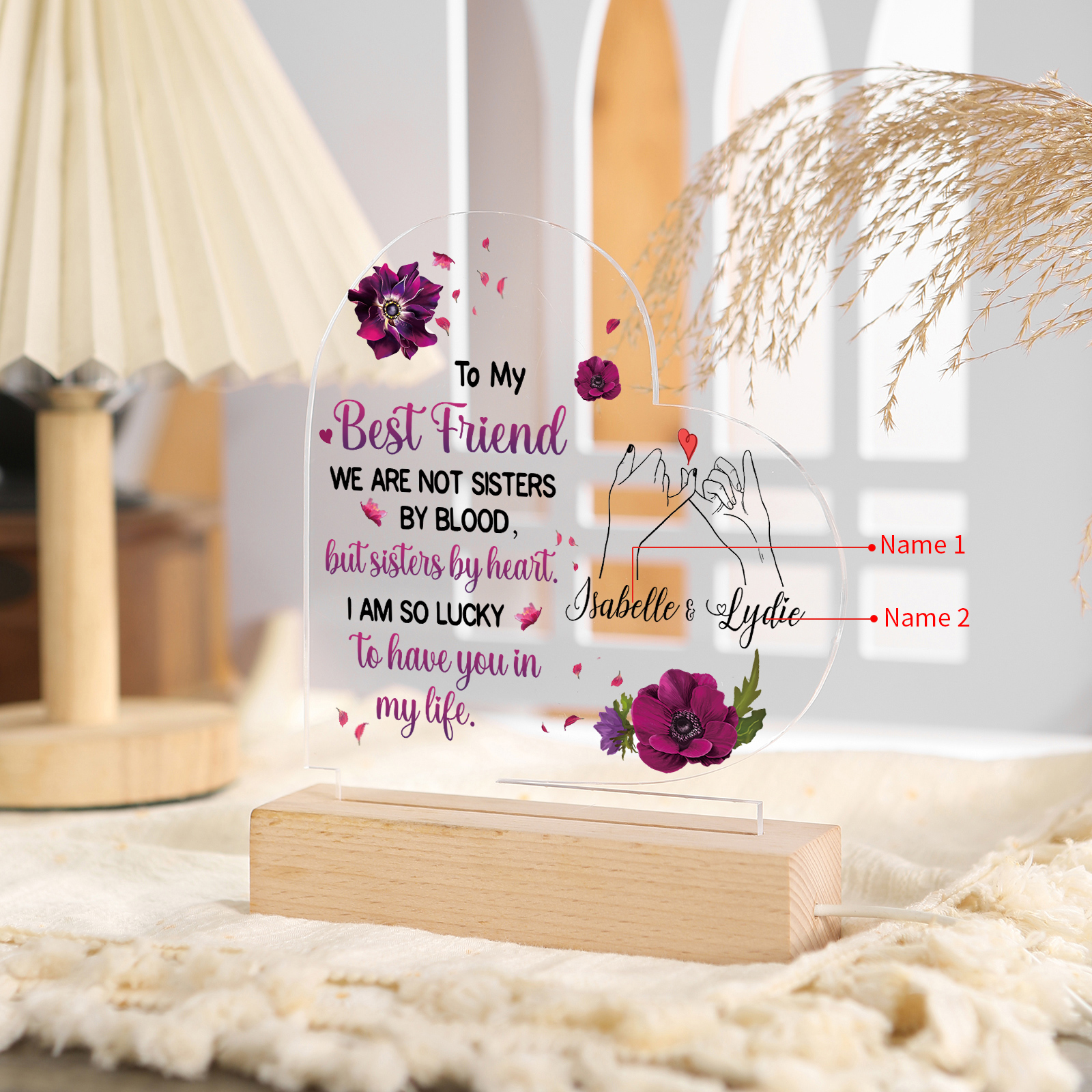 Personalized Heart-Shaped Memorial Light with Custom 2 Names Cherished Friendship Keepsake