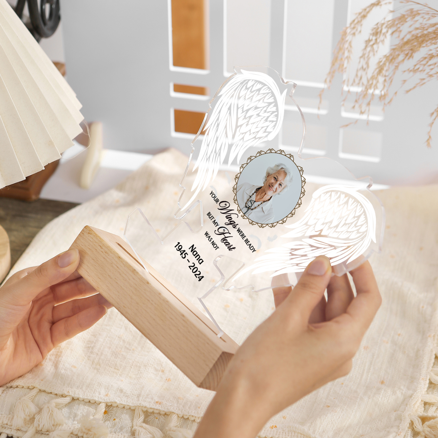 Personalized Memorial Angel Wings Acrylic Light with Custom Photo Name & Date A Unique Remembrance