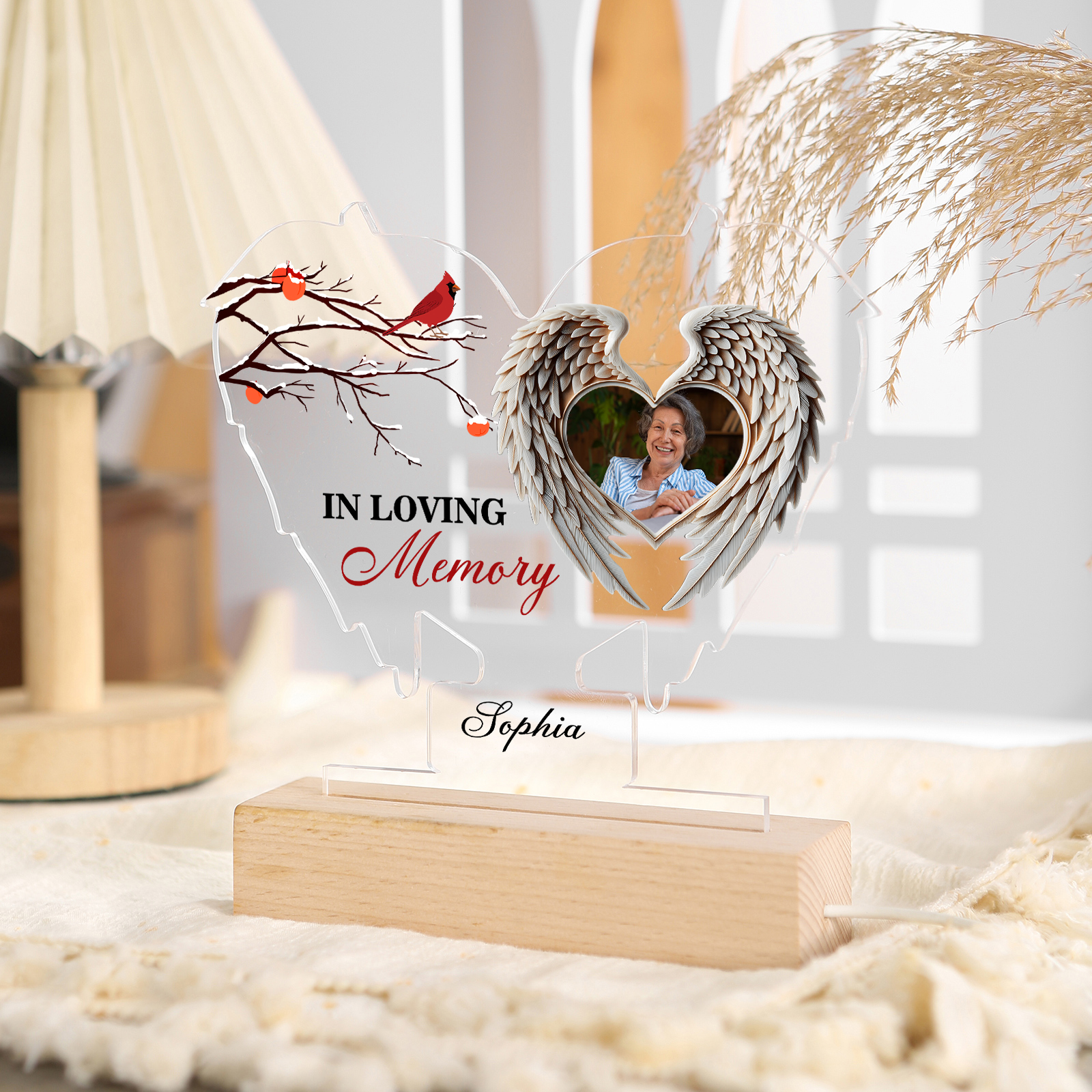 In Loving Memory Personalized Memorial Angel Wings Acrylic Light with Photo & Name A Unique Tribute