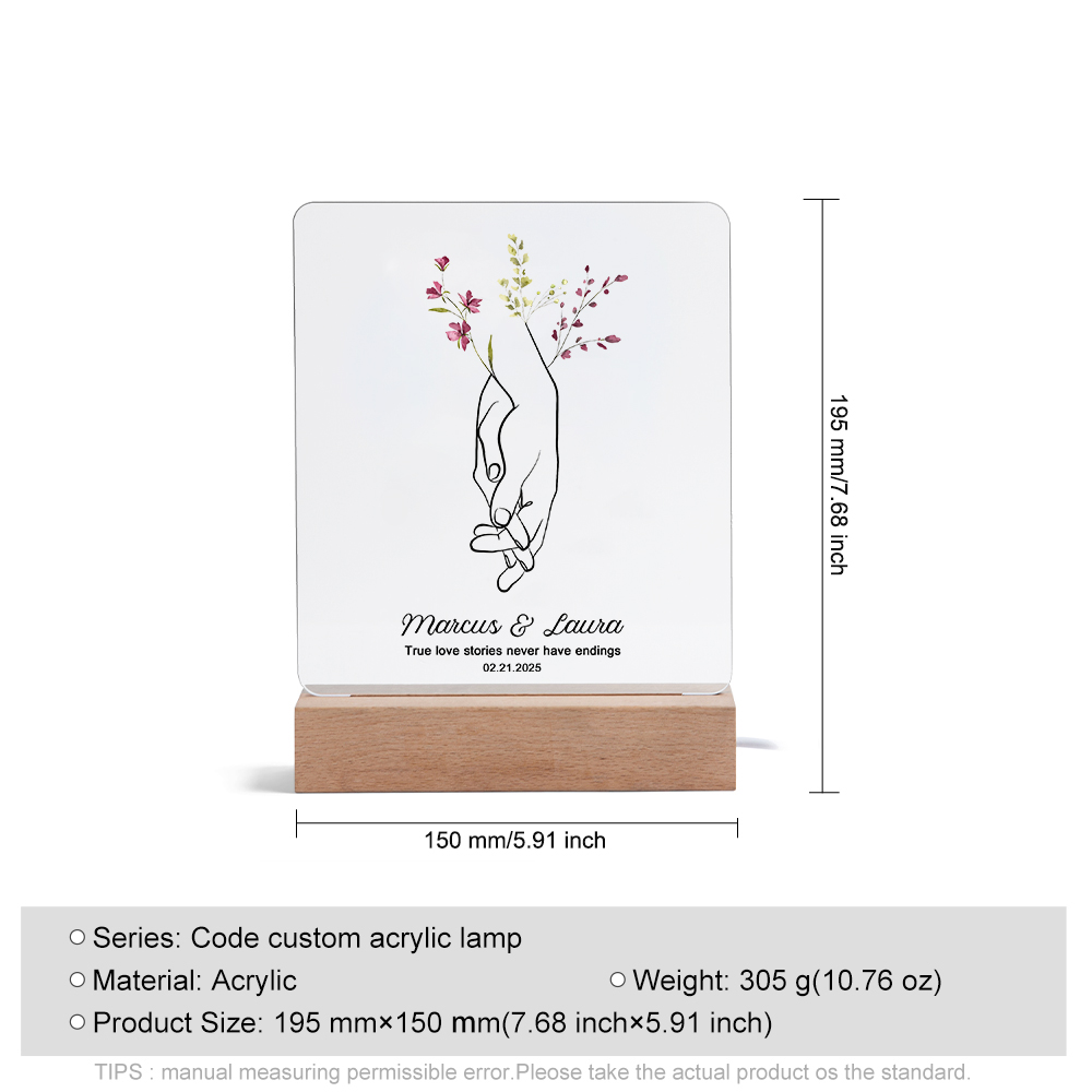 Personalized LED Acrylic Plaque Holding Hands Gift for Couple