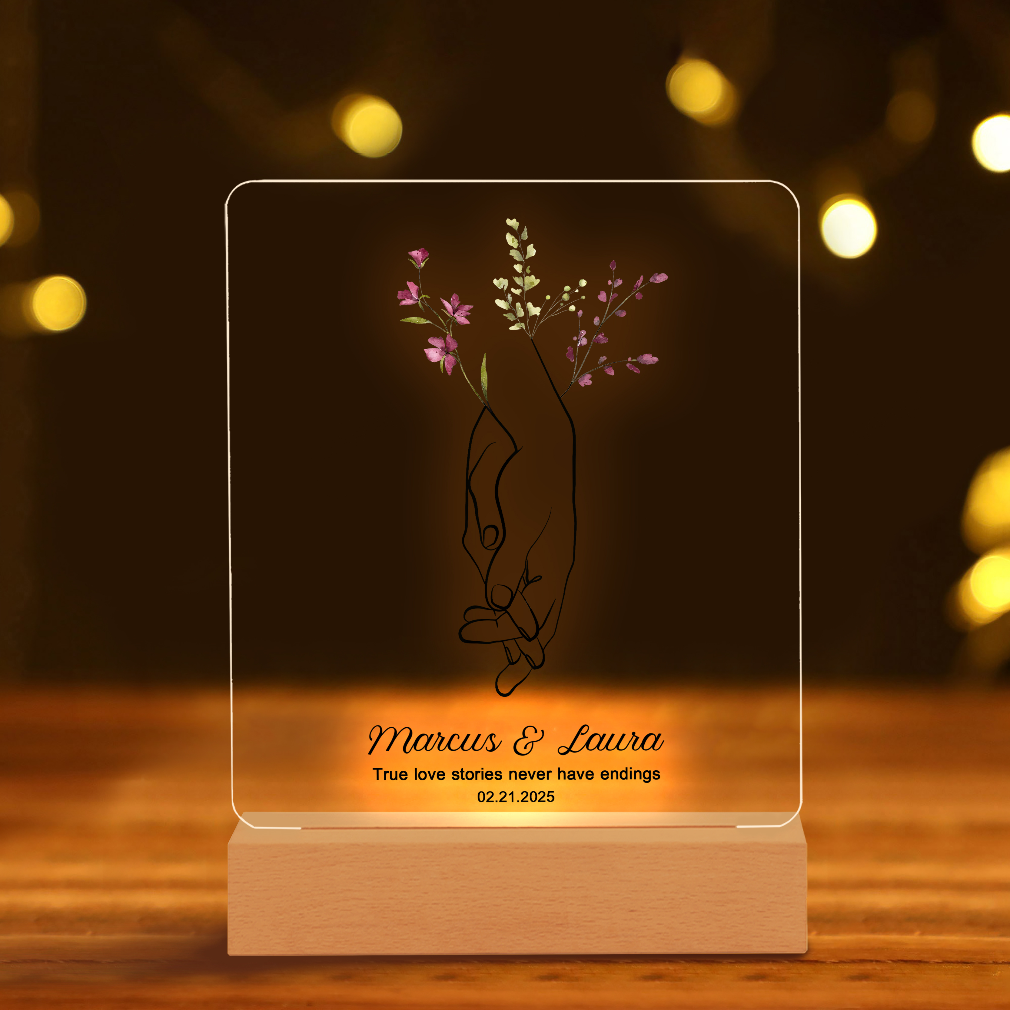 Personalized LED Acrylic Plaque Holding Hands Gift for Couple