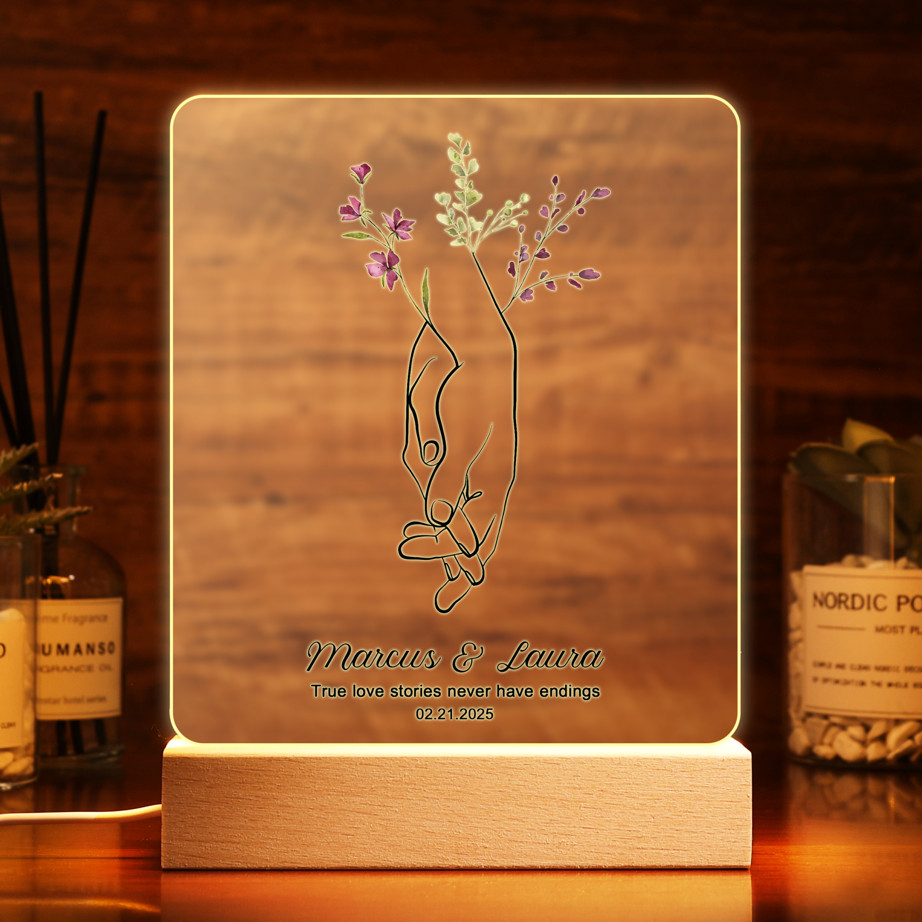 Personalized LED Acrylic Plaque Holding Hands Gift for Couple