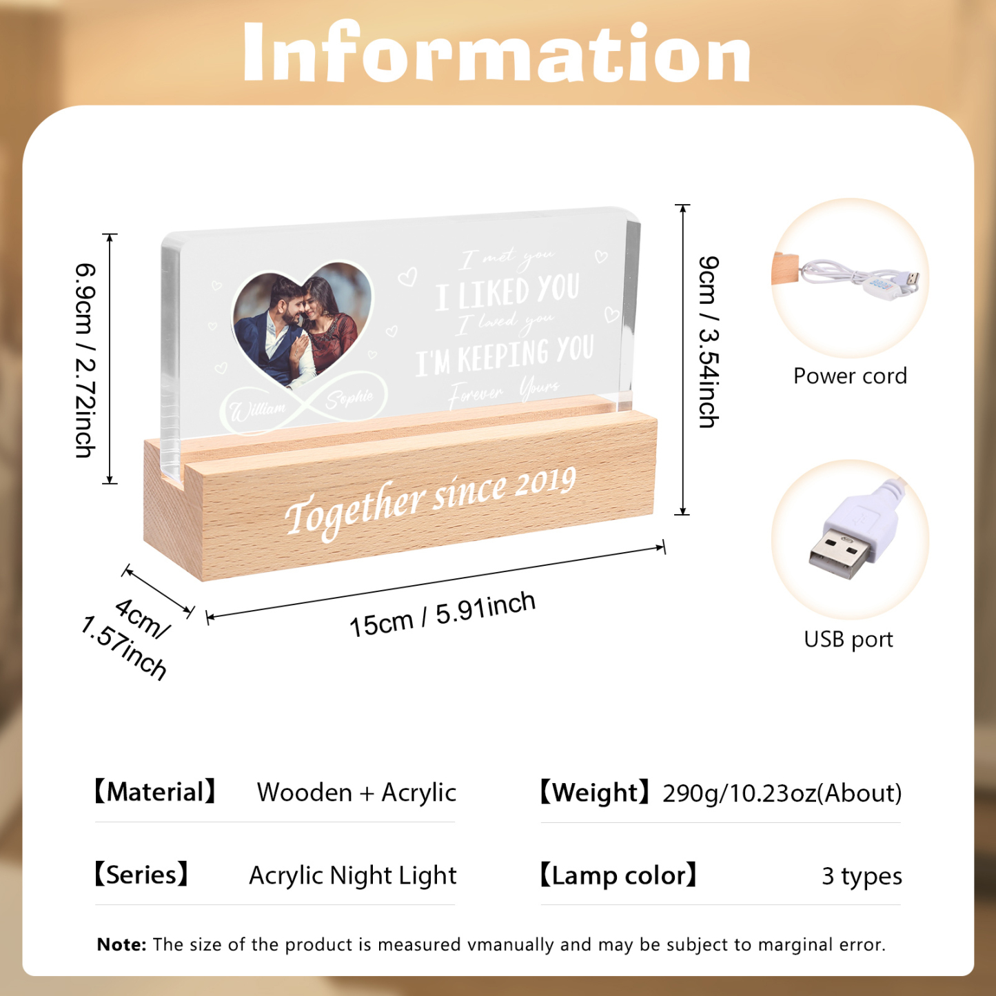 LED Personalized Photo Lights Bedside Lamp with 2 Names & Year Valenti