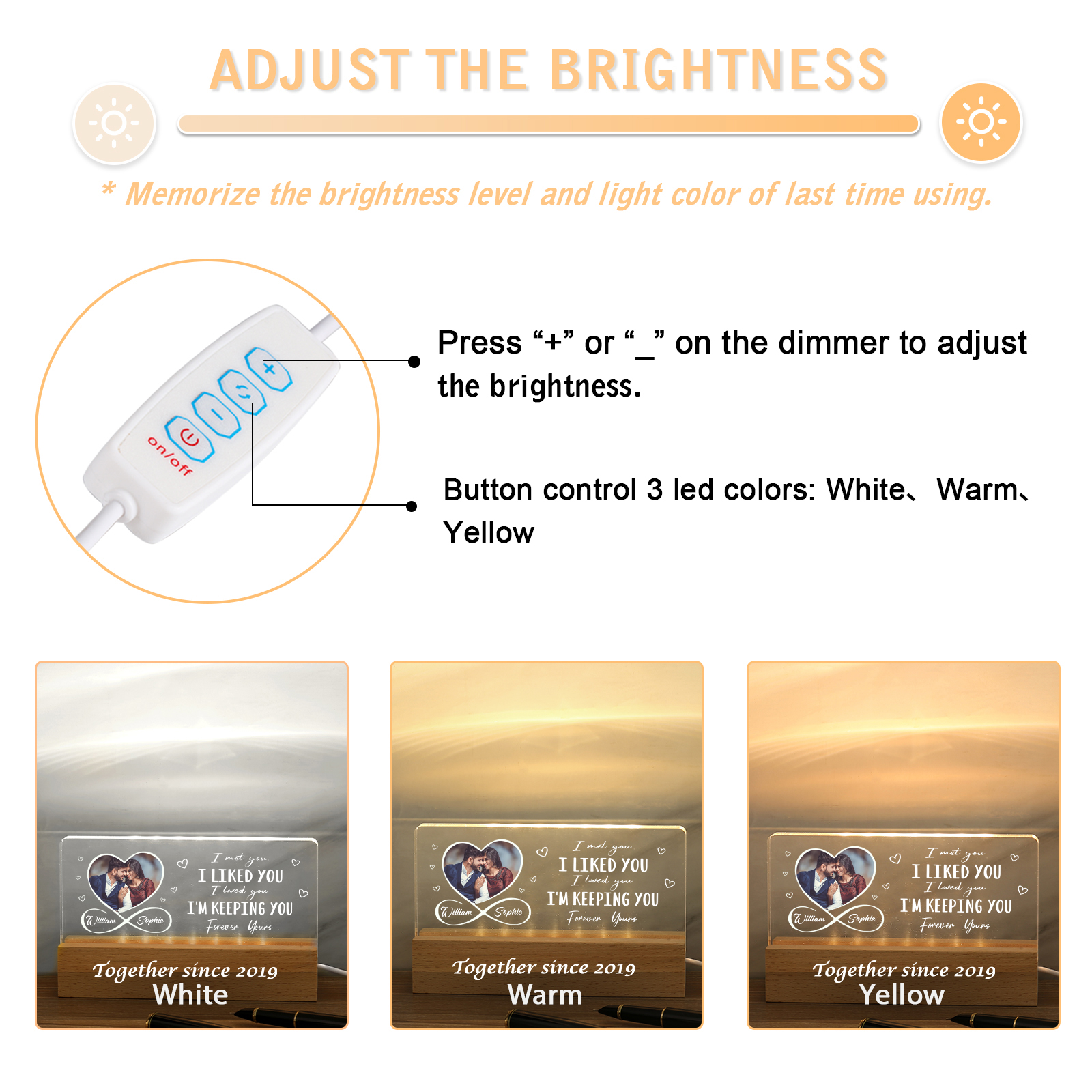 LED Personalized Photo Lights Bedside Lamp with 2 Names & Year Valentine’s Day Gift for Couples