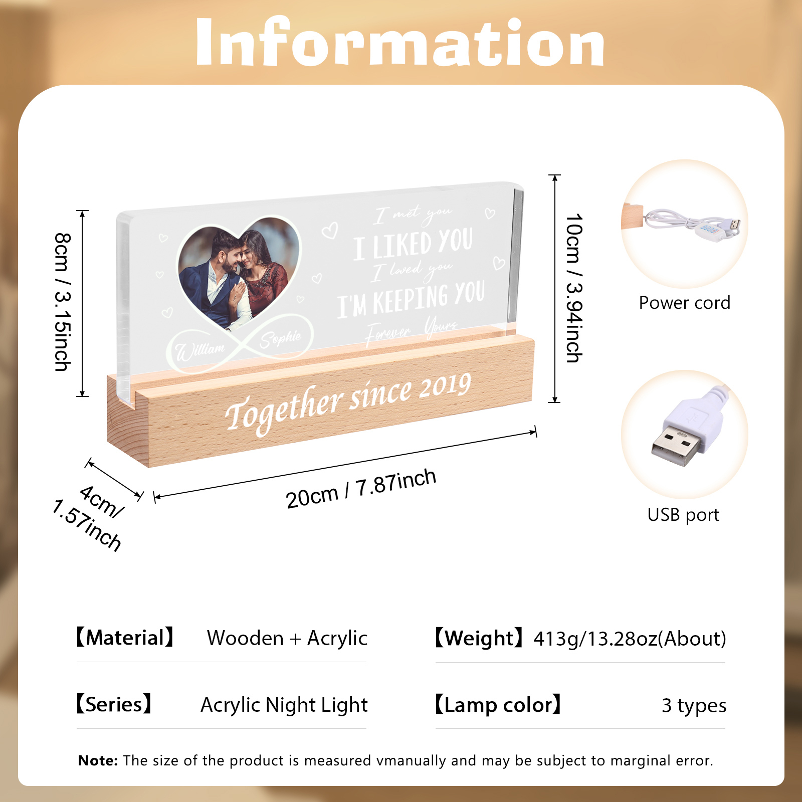 LED Personalized Photo Lights Bedside Lamp with 2 Names & Year Valentine’s Day Gift for Couples