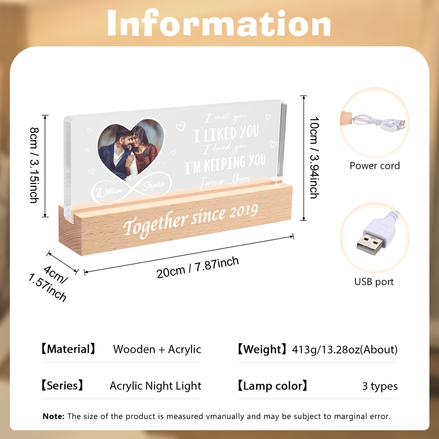 LED Personalized Photo Lights Bedside Lamp with 2 Names & Year Valentine’s Day Gift for Couples