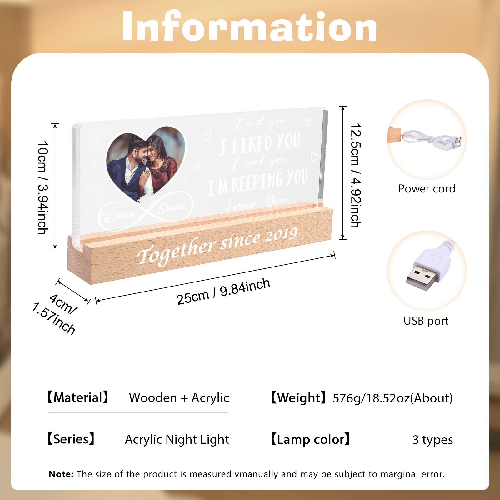 LED Personalized Photo Lights Bedside Lamp with 2 Names & Year Valentine’s Day Gift for Couples