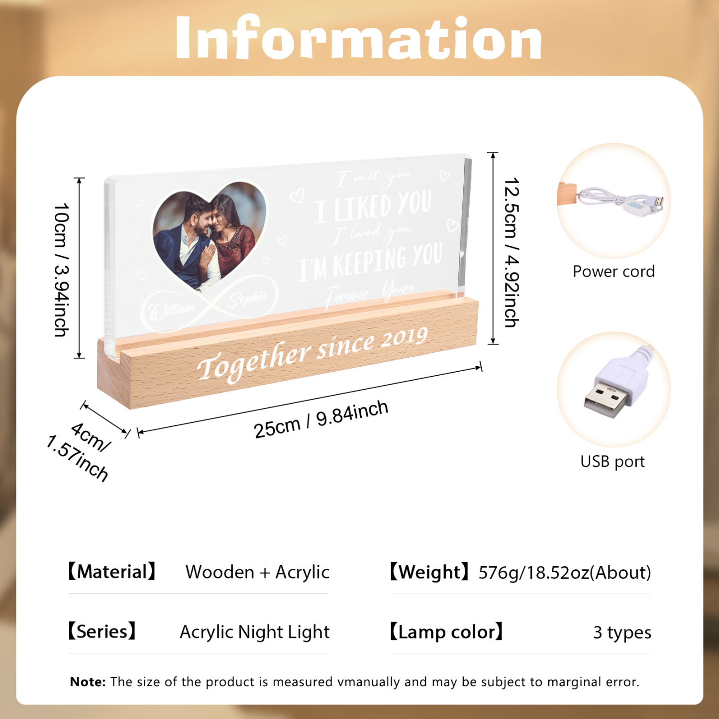 LED Personalized Photo Lights Bedside Lamp with 2 Names & Year Valentine’s Day Gift for Couples