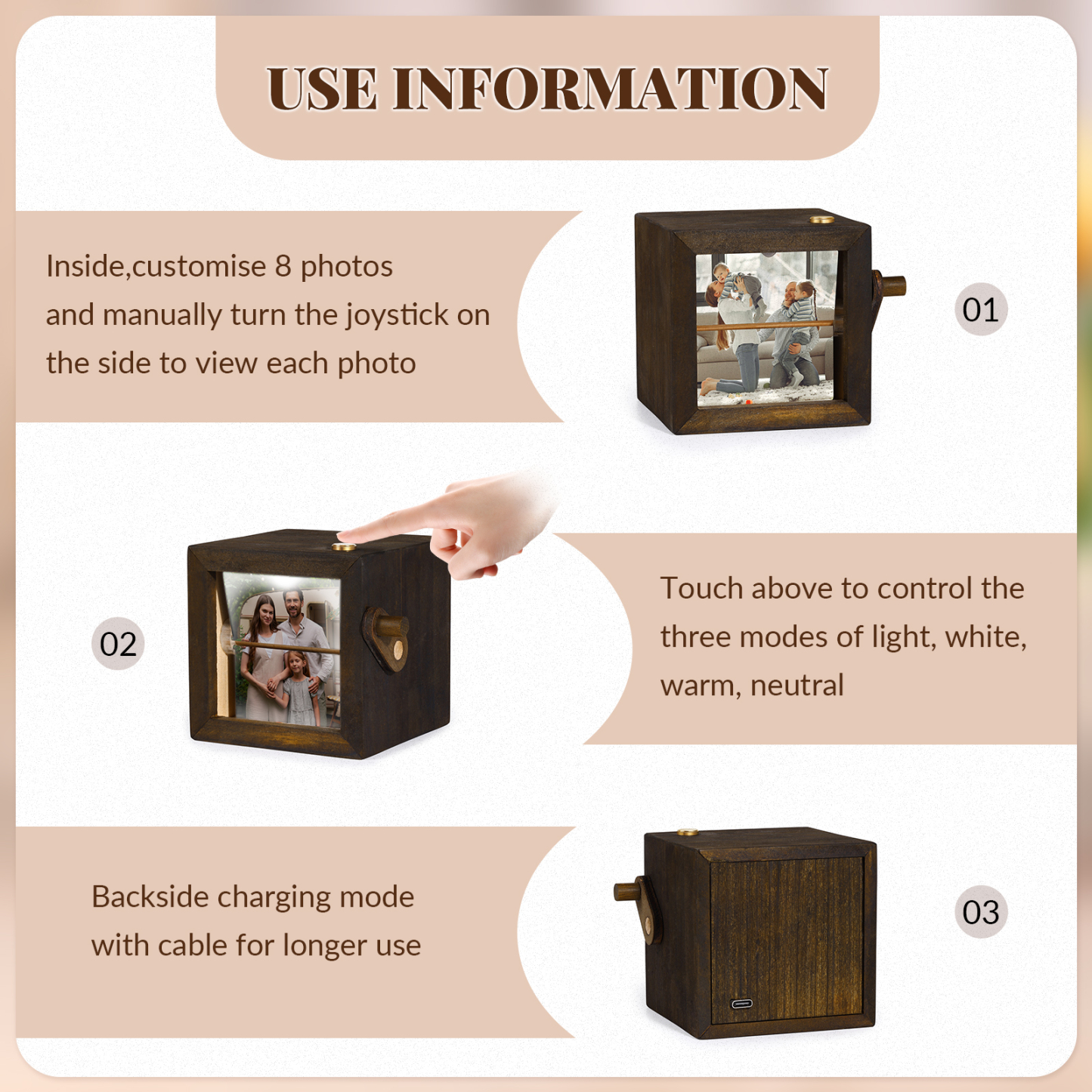 Personalised Wooden Tri-Colour LED Light �C Custom 8 Photos, Black Walnut For Him/Her | Jessemade