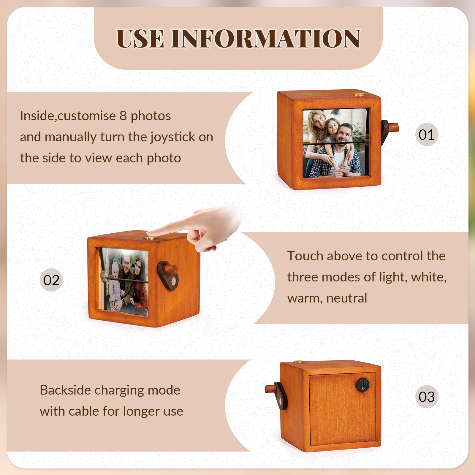 Personalised Wooden Tri-Colour LED Light, Custom 8 Photos Gift For Him/Her | Jessemade