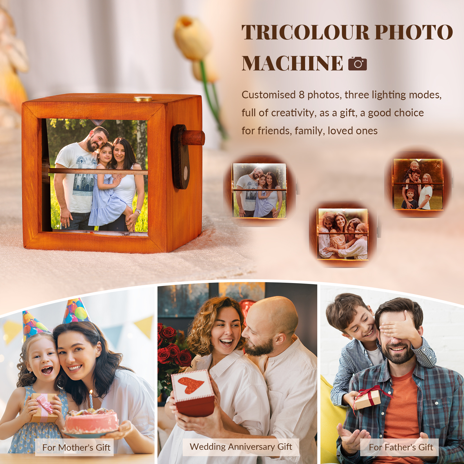 Personalised Wooden Tri-Colour LED Light, Custom 8 Photos Gift For Him/Her | Jessemade