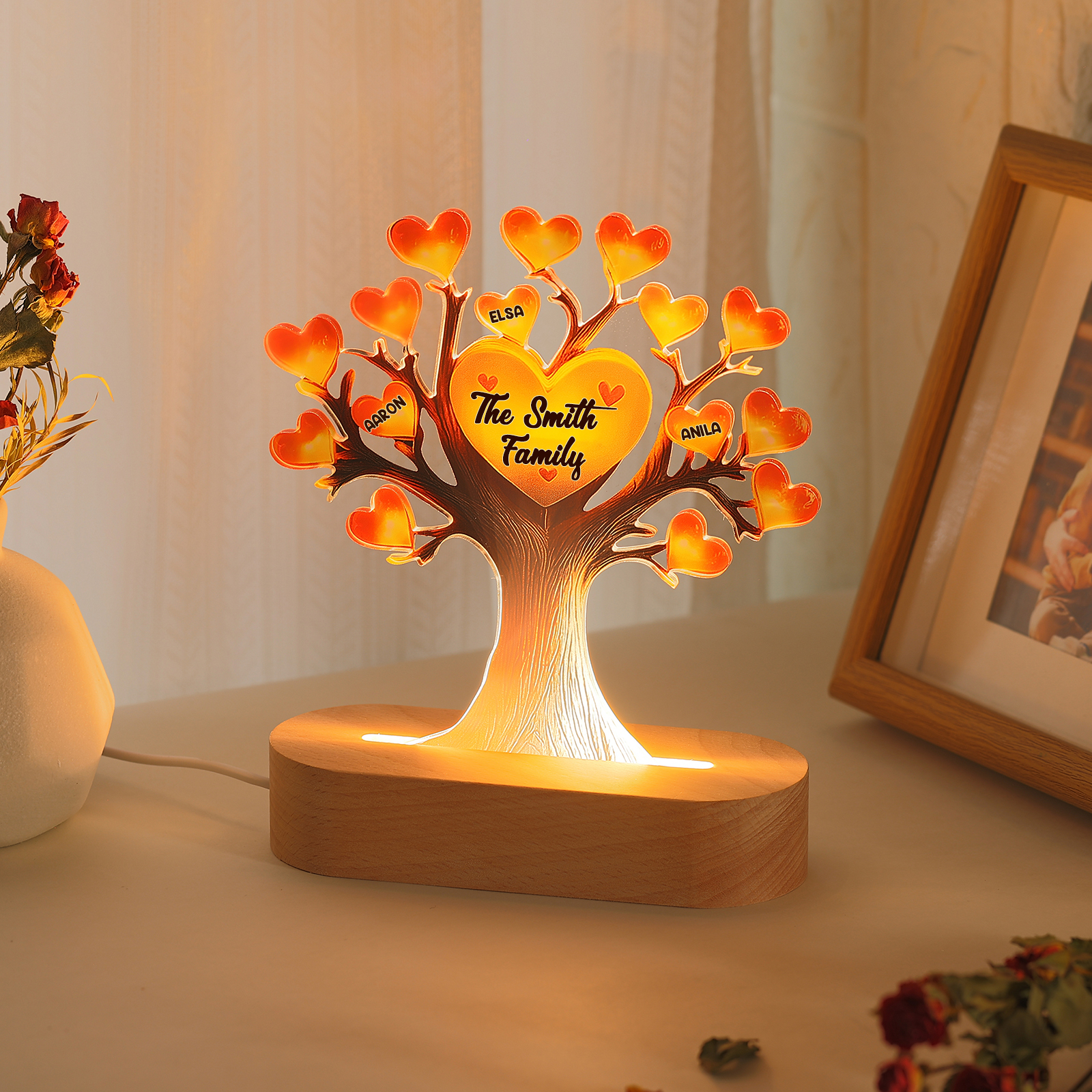 Personalized Family Tree Night Light – LED Lamp with 3 Name & Text – Great Mother’s Day Gift