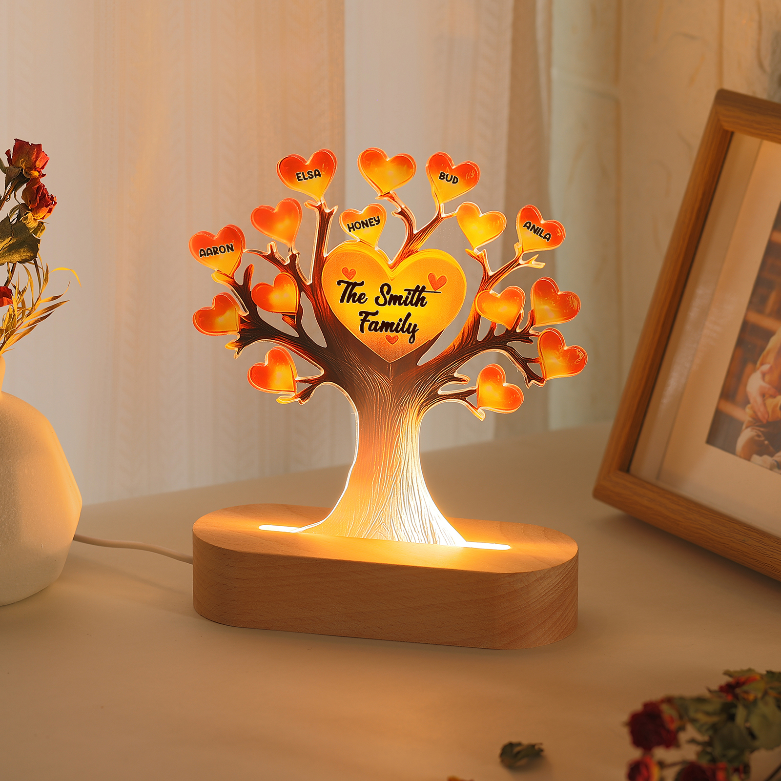 Personalized Family Tree Night Light – LED Lamp with 5 Name & Text – Great Mother’s Day Gift