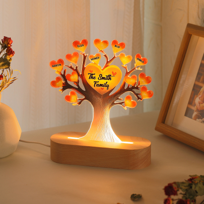 Personalized Family Tree Night Light – LED Lamp with 5 Name & Text – Great Mother’s Day Gift