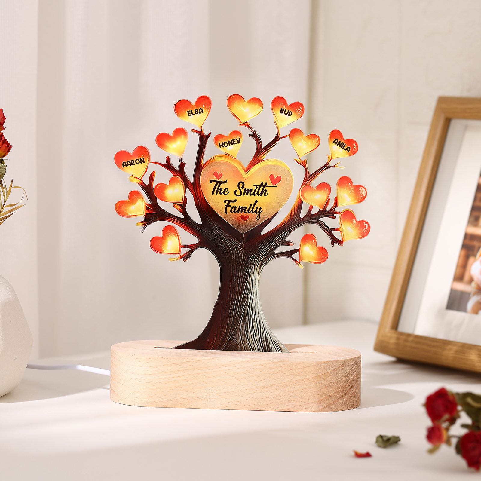 Personalized Family Tree Night Light – LED Lamp with 5 Name & Text – Great Mother’s Day Gift