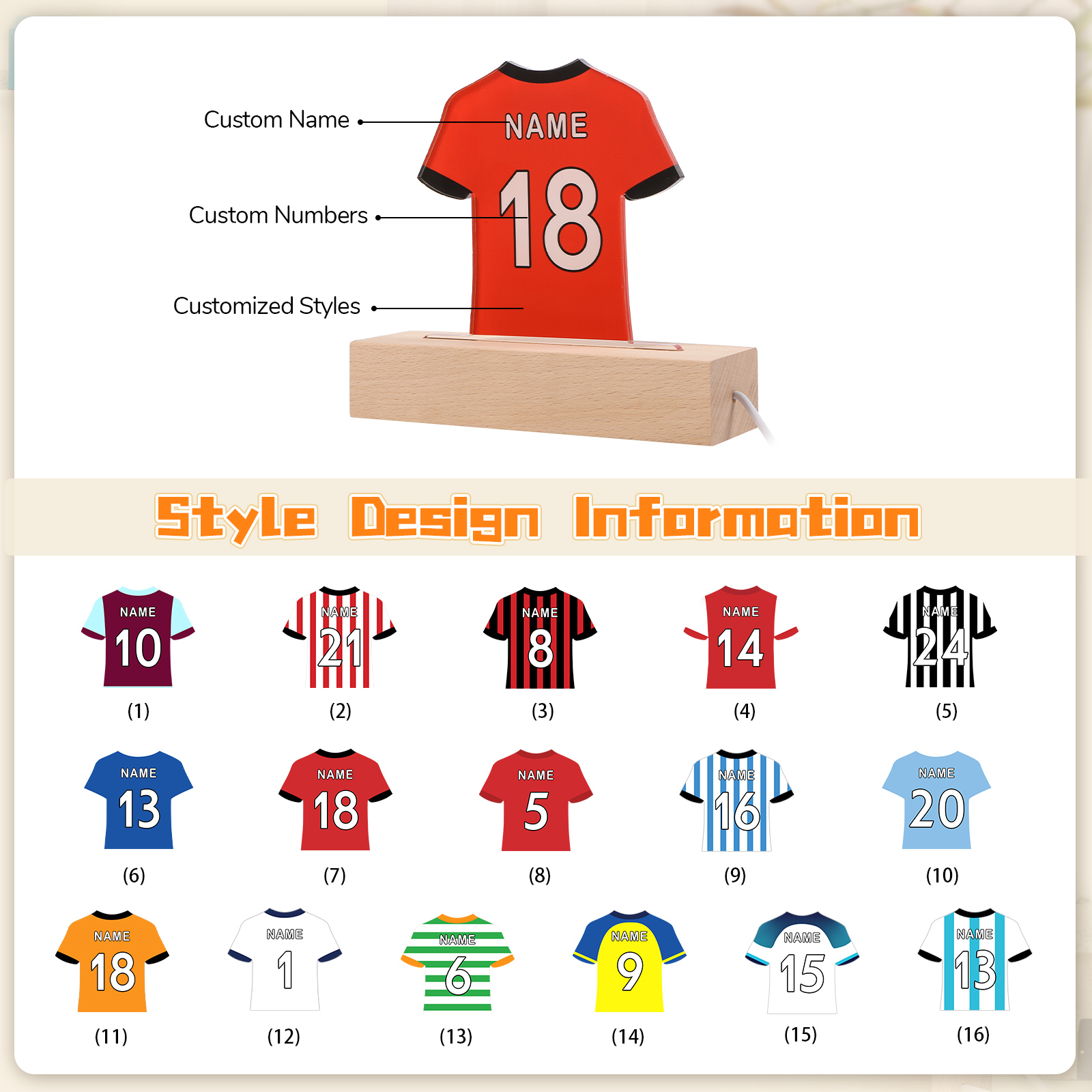 Personalized Football Shirt Night Light – Custom Name and Number – LED