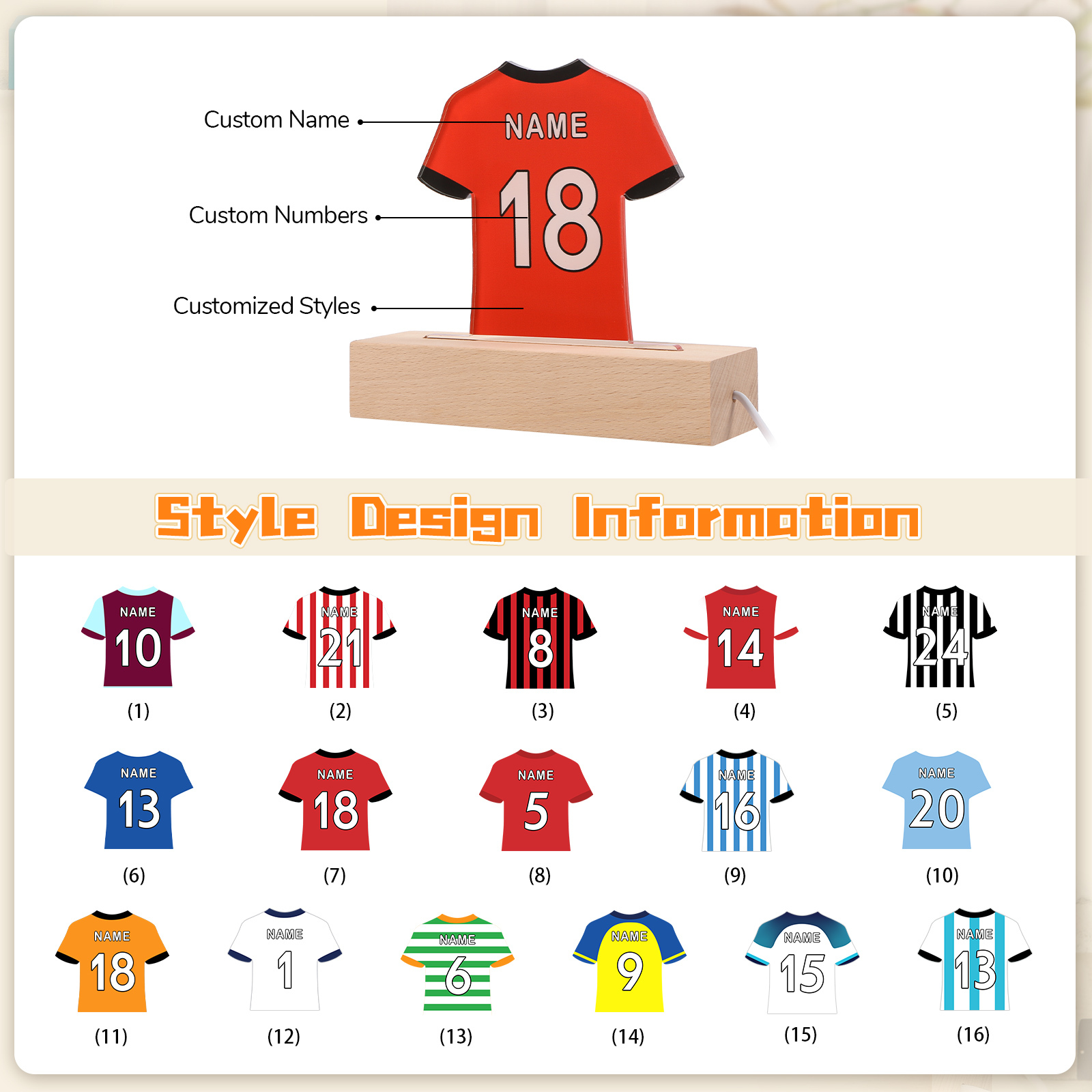 Personalized Football Shirt Night Light – Custom Name and Number – LED