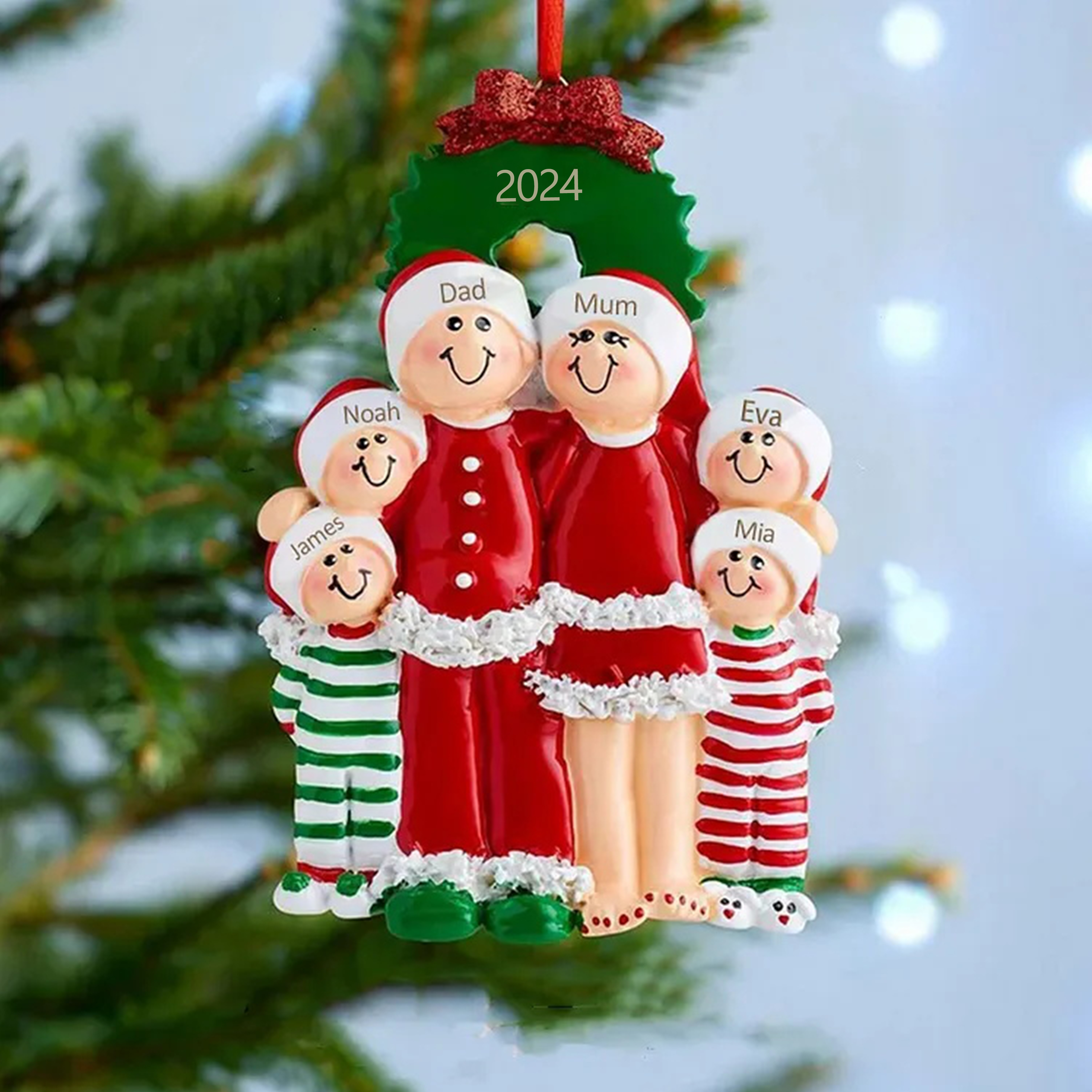 Personalized Family Pajamas Christmas Ornament Custom 6 Names Hanging Ornament Gifts For Family
