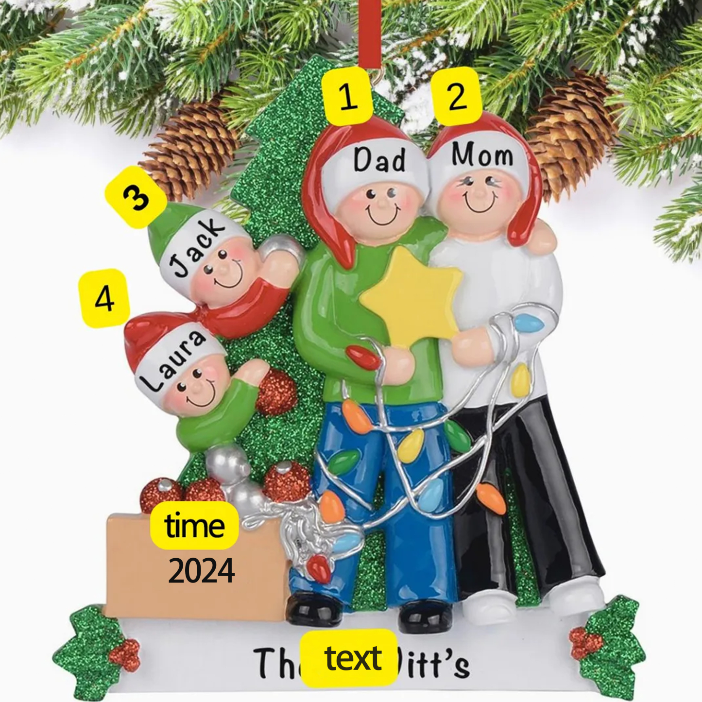 Personalized Family Christmas Ornament Custom 4 Names Hanging Ornament Gifts For Family