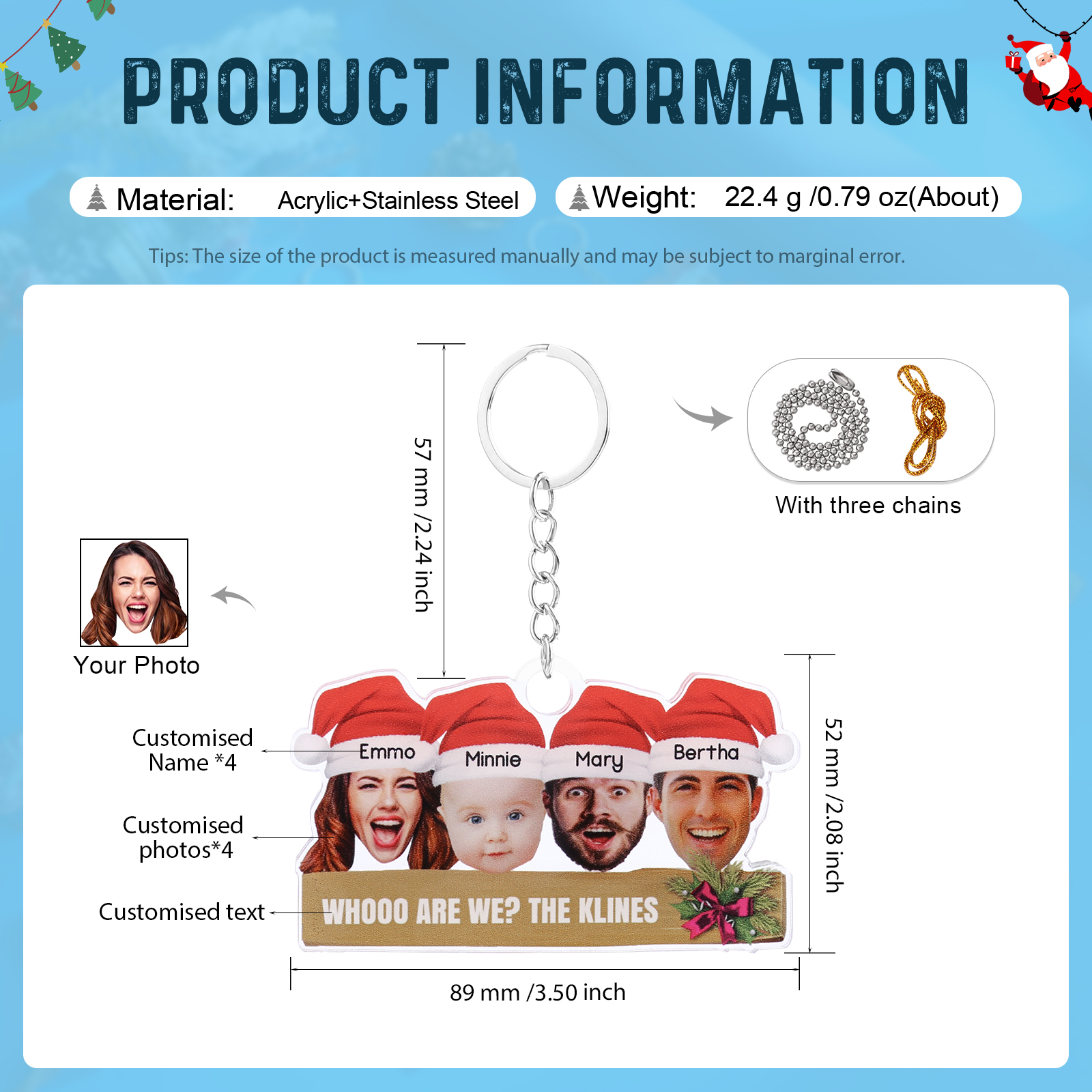 Acrylic Christmas Keychain Custom 4 Photos & 4 Names & 1 Text Hanging Ornaments Personalised Keyring for Family Friends | Jessmade