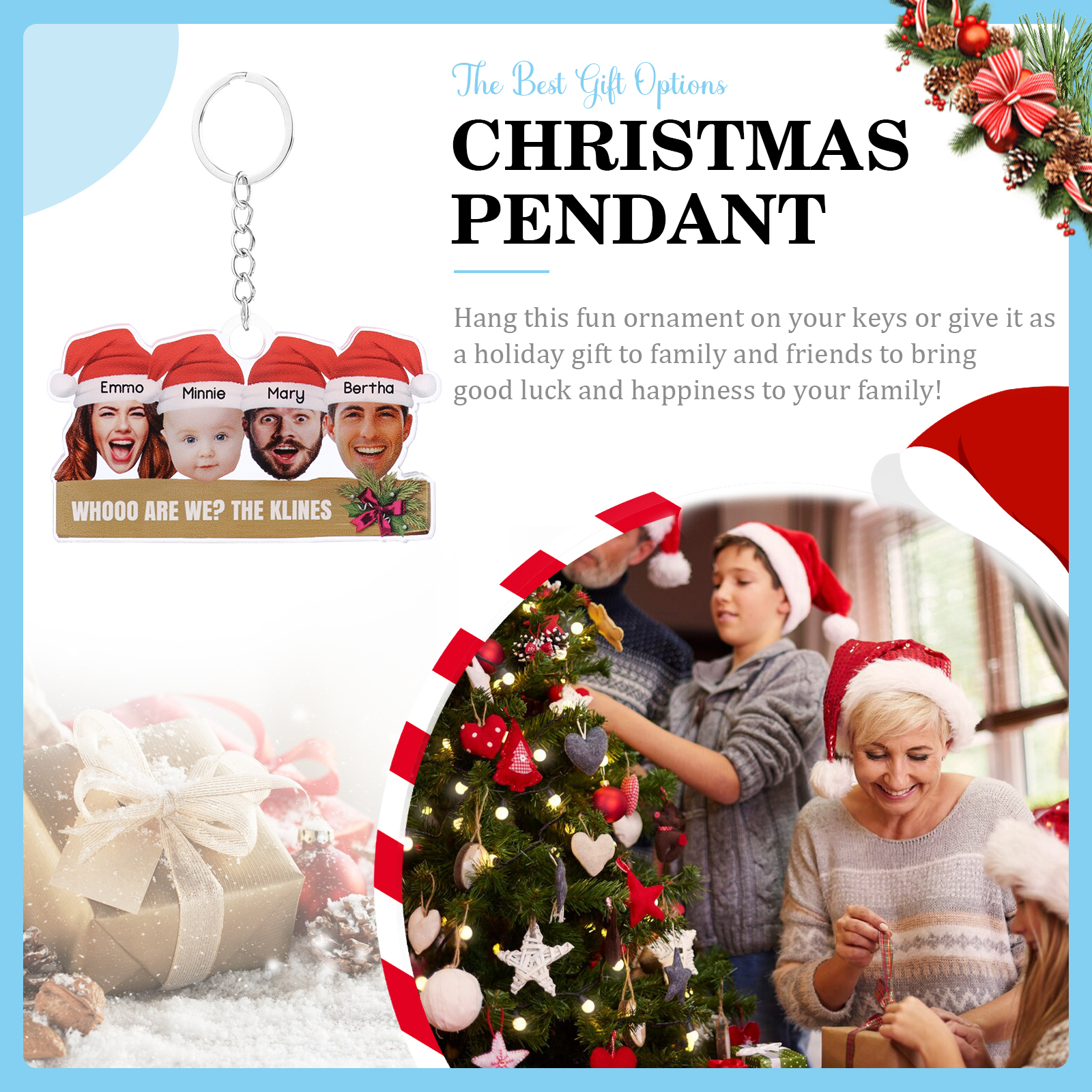 Acrylic Christmas Keychain Custom 4 Photos & 4 Names & 1 Text Hanging Ornaments Personalised Keyring for Family Friends | Jessmade