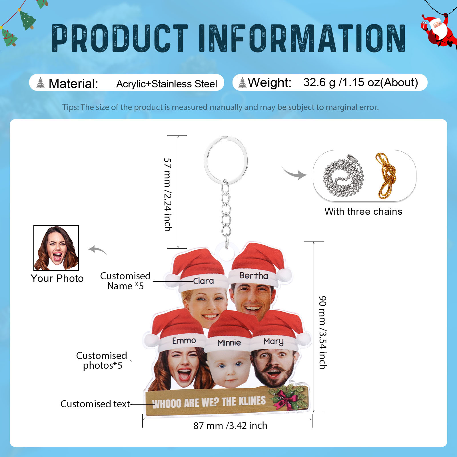 Acrylic Christmas Keychain Custom 5 Photos & 5 Names & 1 Text Hanging Ornaments Personalised Keyring for Family Friends | Jessmade