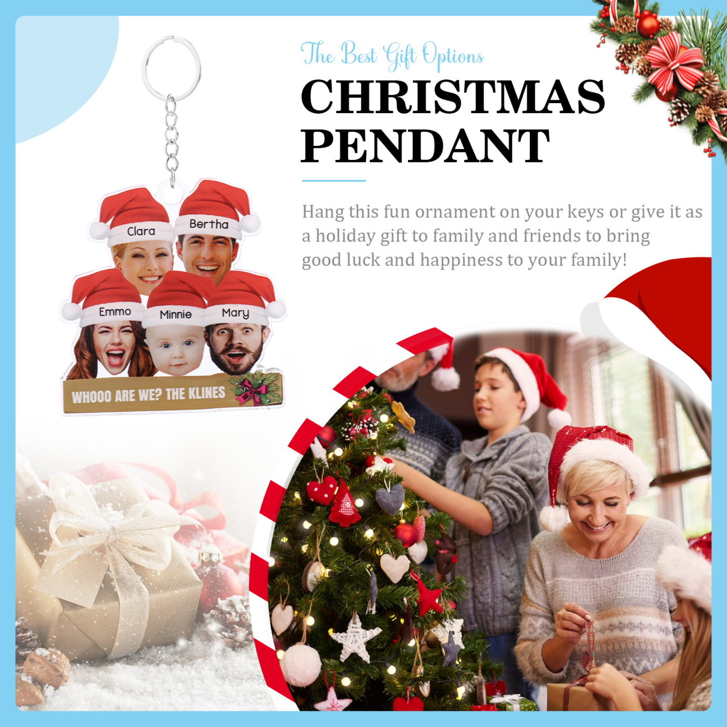 Acrylic Christmas Keychain Custom 5 Photos & 5 Names & 1 Text Hanging Ornaments Personalised Keyring for Family Friends | Jessmade