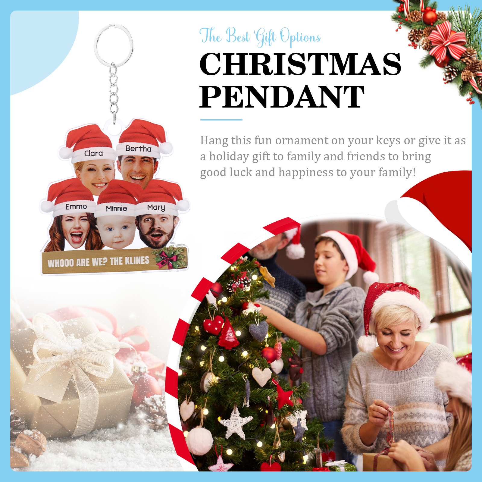 Acrylic Christmas Keychain Custom 5 Photos & 5 Names & 1 Text Hanging Ornaments Personalised Keyring for Family Friends | Jessmade