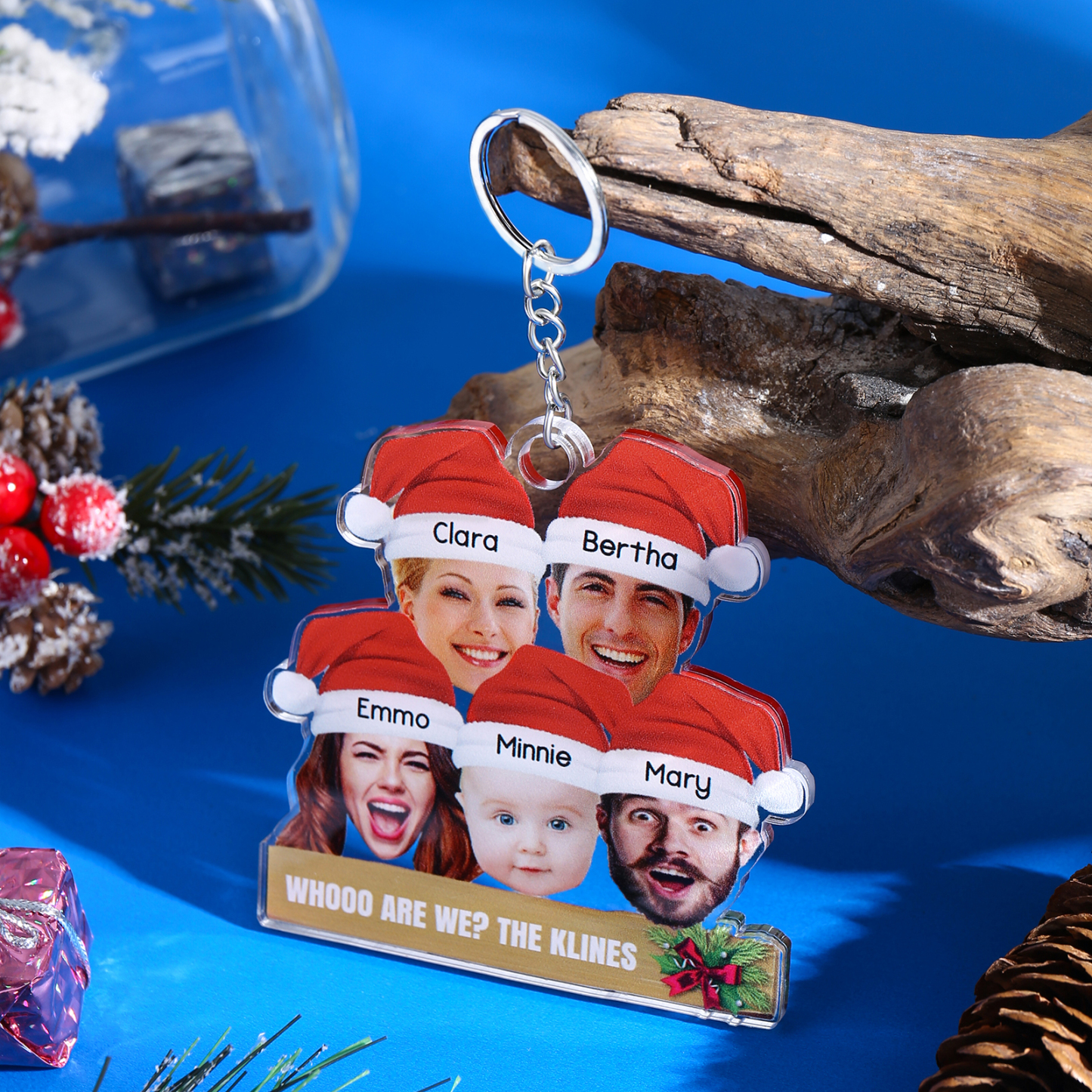 Acrylic Christmas Keychain Custom 5 Photos & 5 Names & 1 Text Hanging Ornaments Personalised Keyring for Family Friends | Jessmade