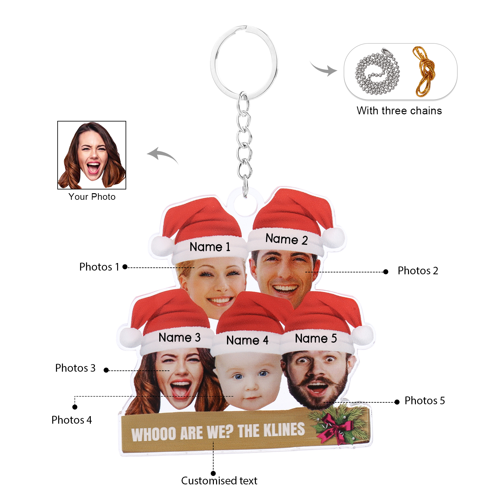 Acrylic Christmas Keychain Custom 5 Photos & 5 Names & 1 Text Hanging Ornaments Personalised Keyring for Family Friends | Jessmade