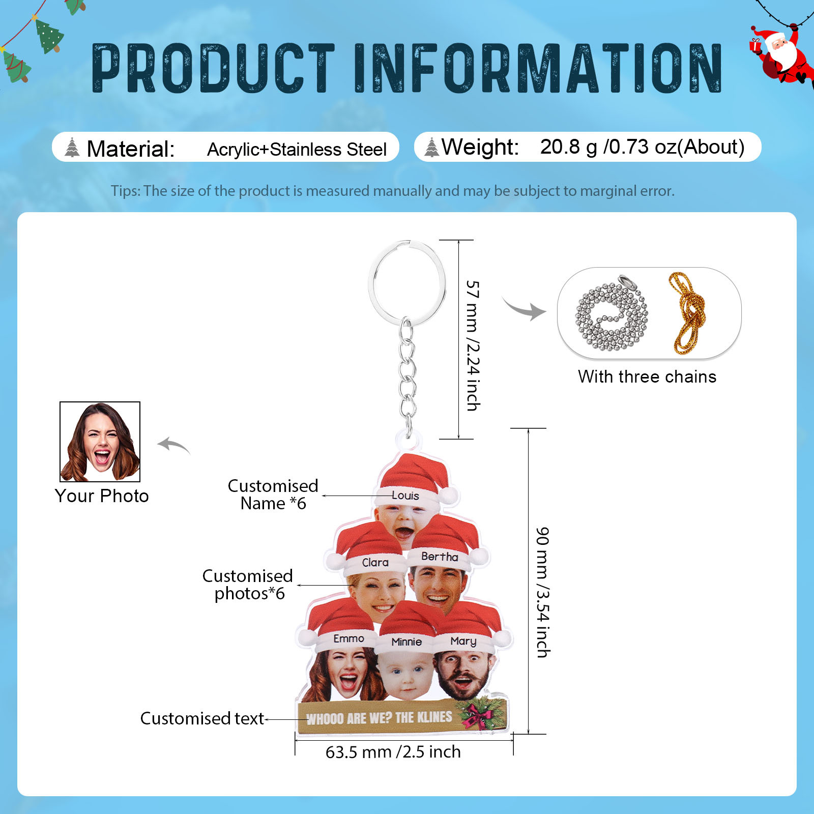 Acrylic Christmas Keychain Custom 6 Photos & 6 Names & 1 Text Hanging Ornaments Personalised Keyring for Family Friends | Jessmade