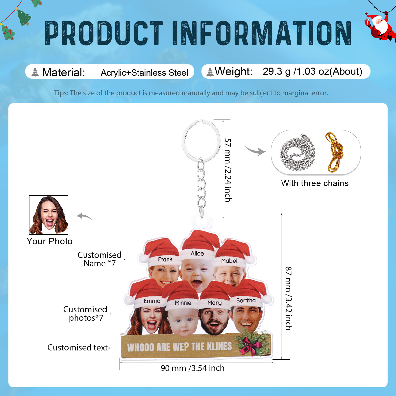 Acrylic Christmas Keychain Custom 7 Photos & 7 Names & 1 Text Hanging Ornaments Personalised Keyring for Family Friends | Jessmade