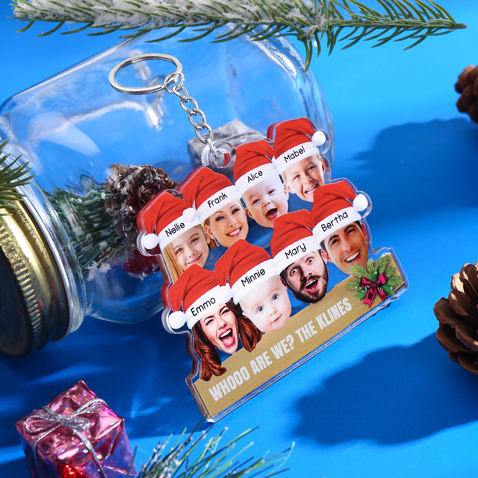 Acrylic Christmas Keychain Custom 8 Photos & 8 Names & 1 Text Hanging Ornaments Personalised Keyring for Family Friends | Jessmade