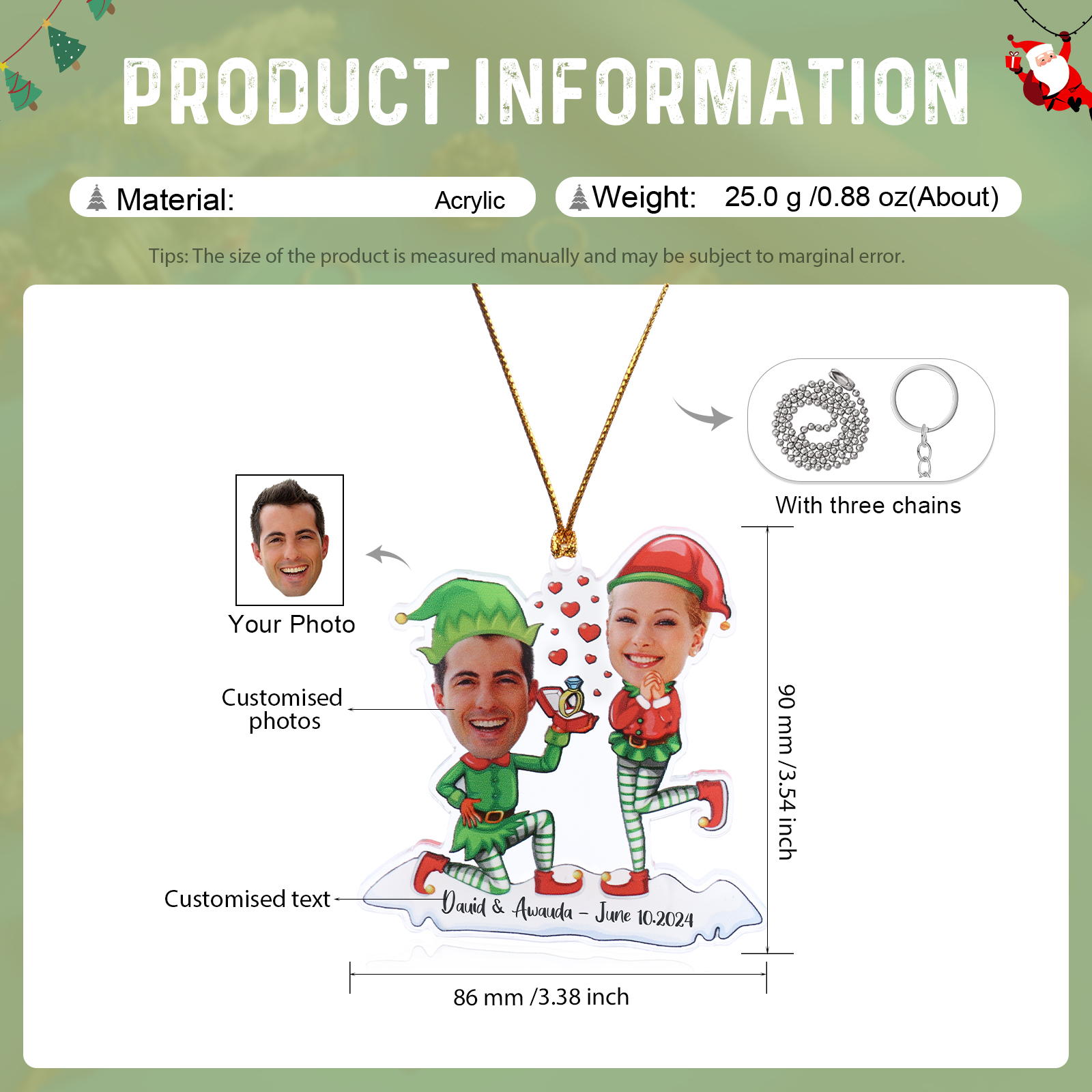 Acrylic Christmas Keychain Custom 2 Photos & 1 Text Hanging Ornaments Personalised Keyring for Couple | Jessemade