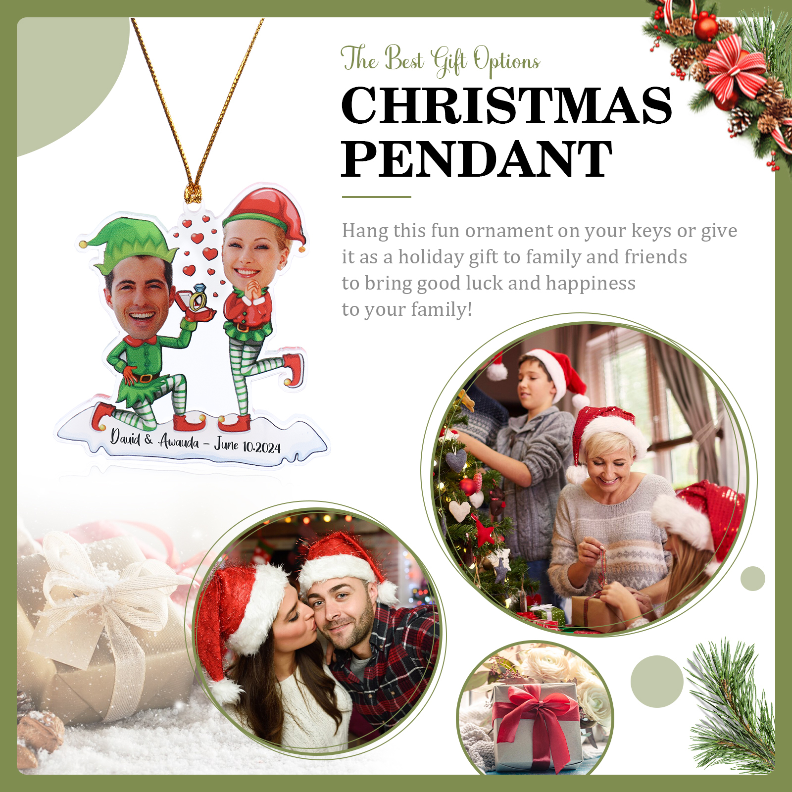 Acrylic Christmas Keychain Custom 2 Photos & 1 Text Hanging Ornaments Personalised Keyring for Couple | Jessemade