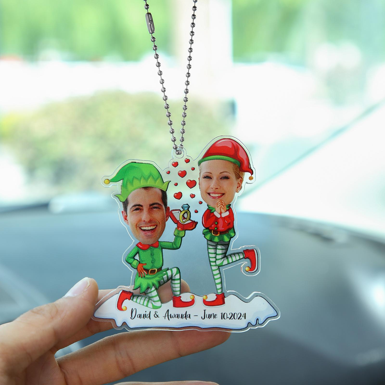 Acrylic Christmas Keychain Custom 2 Photos & 1 Text Hanging Ornaments Personalised Keyring for Couple | Jessemade