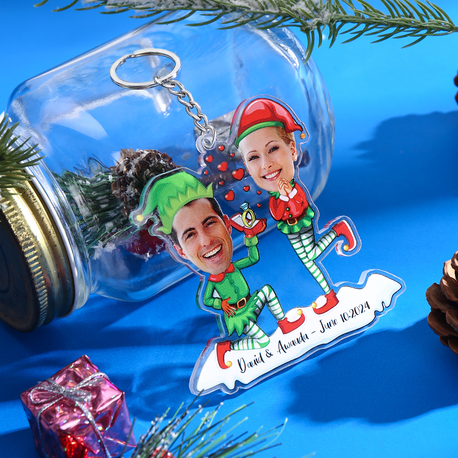 Acrylic Christmas Keychain Custom 2 Photos & 1 Text Hanging Ornaments Personalised Keyring for Couple | Jessemade