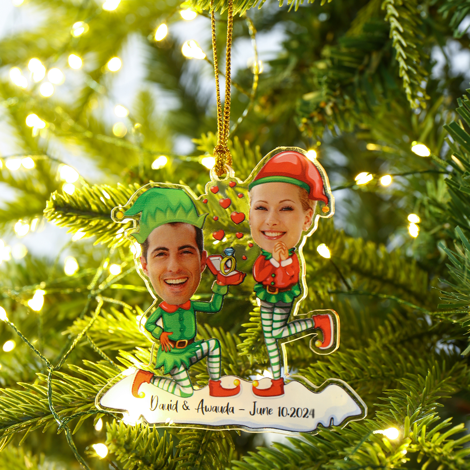 Acrylic Christmas Keychain Custom 2 Photos & 1 Text Hanging Ornaments Personalised Keyring for Couple | Jessemade