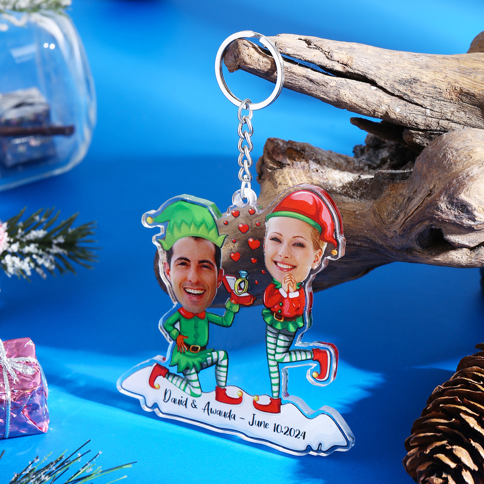 Acrylic Christmas Keychain Custom 2 Photos & 1 Text Hanging Ornaments Personalised Keyring for Couple | Jessemade