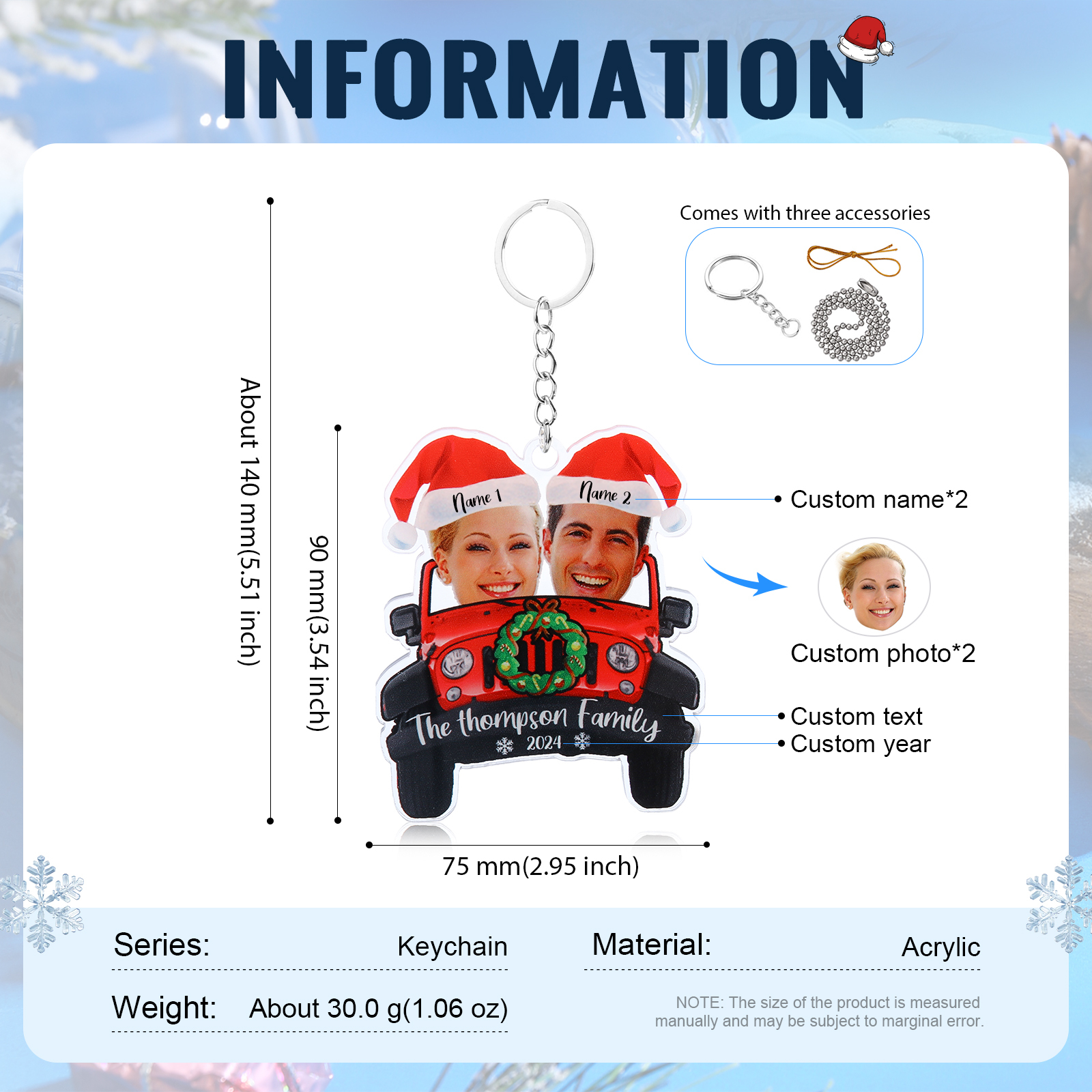 Acrylic Christmas Car Keychain Custom 2 Photos & 2 Names & 1 Text & 1 Year Hanging Ornaments Personalised Keyring for Couple | Jessemade