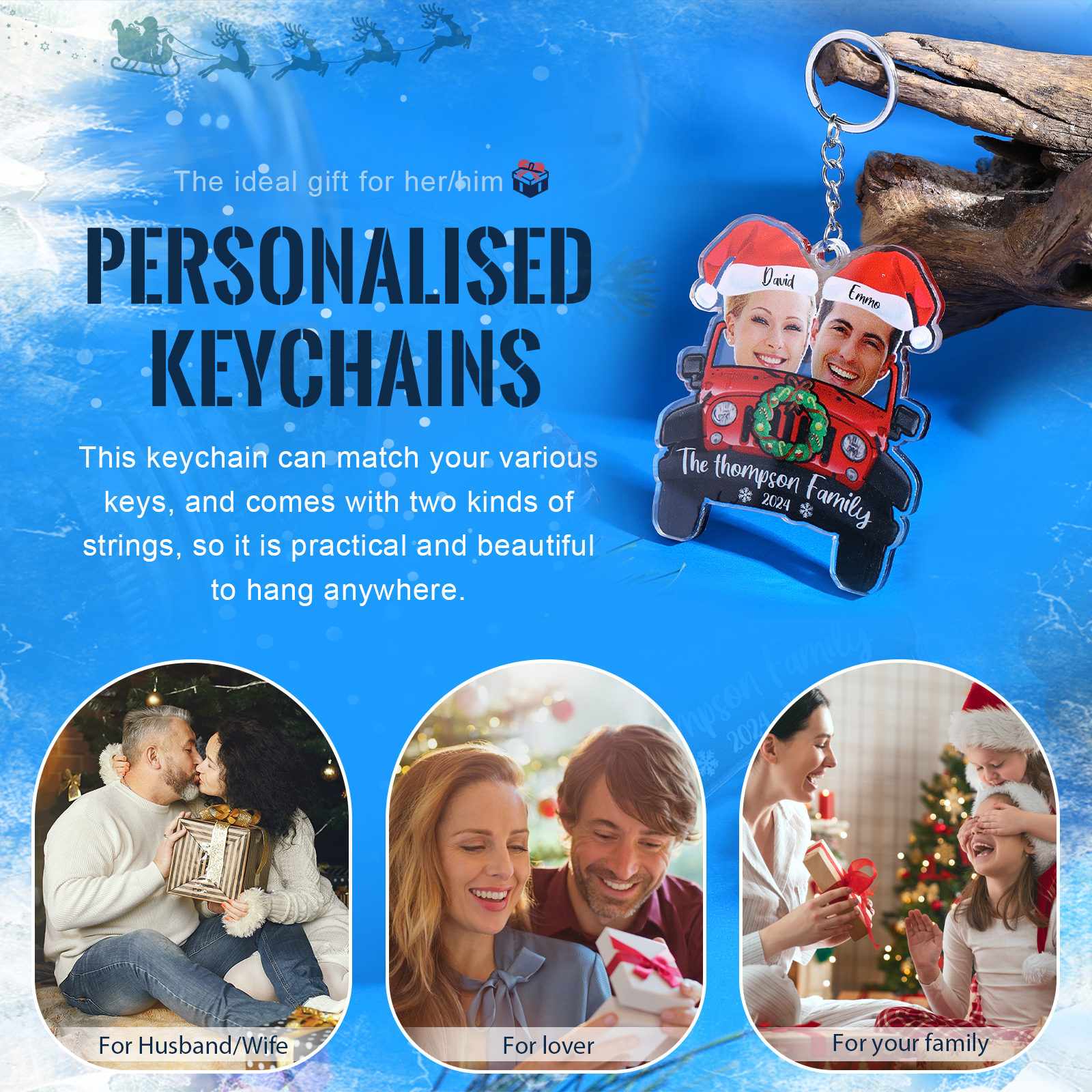 Acrylic Christmas Car Keychain Custom 2 Photos & 2 Names & 1 Text & 1 Year Hanging Ornaments Personalised Keyring for Couple | Jessemade