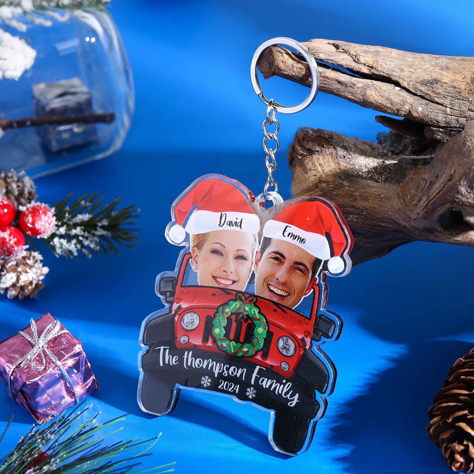 Acrylic Christmas Car Keychain Custom 2 Photos & 2 Names & 1 Text & 1 Year Hanging Ornaments Personalised Keyring for Couple | Jessemade