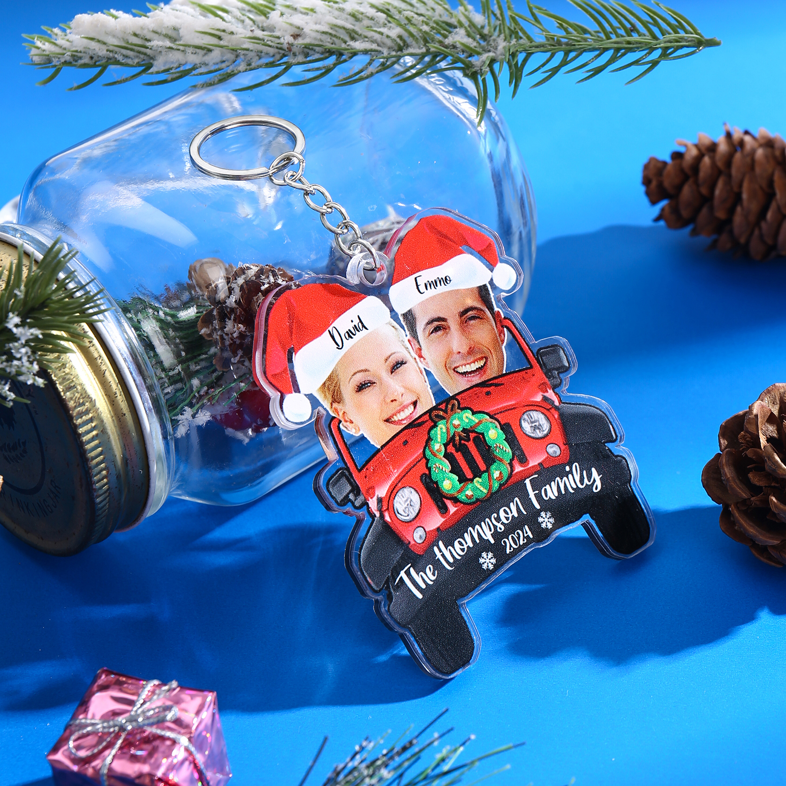 Acrylic Christmas Car Keychain Custom 2 Photos & 2 Names & 1 Text & 1 Year Hanging Ornaments Personalised Keyring for Couple | Jessemade