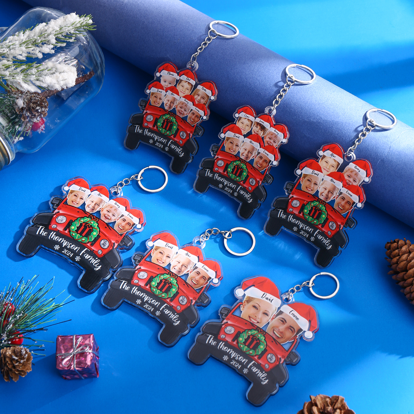 Acrylic Christmas Car Keychain Custom 4 Photos & 4 Names & 1 Text & 1 Year Hanging Ornaments Personalised Keyring for Couple | Jessemade