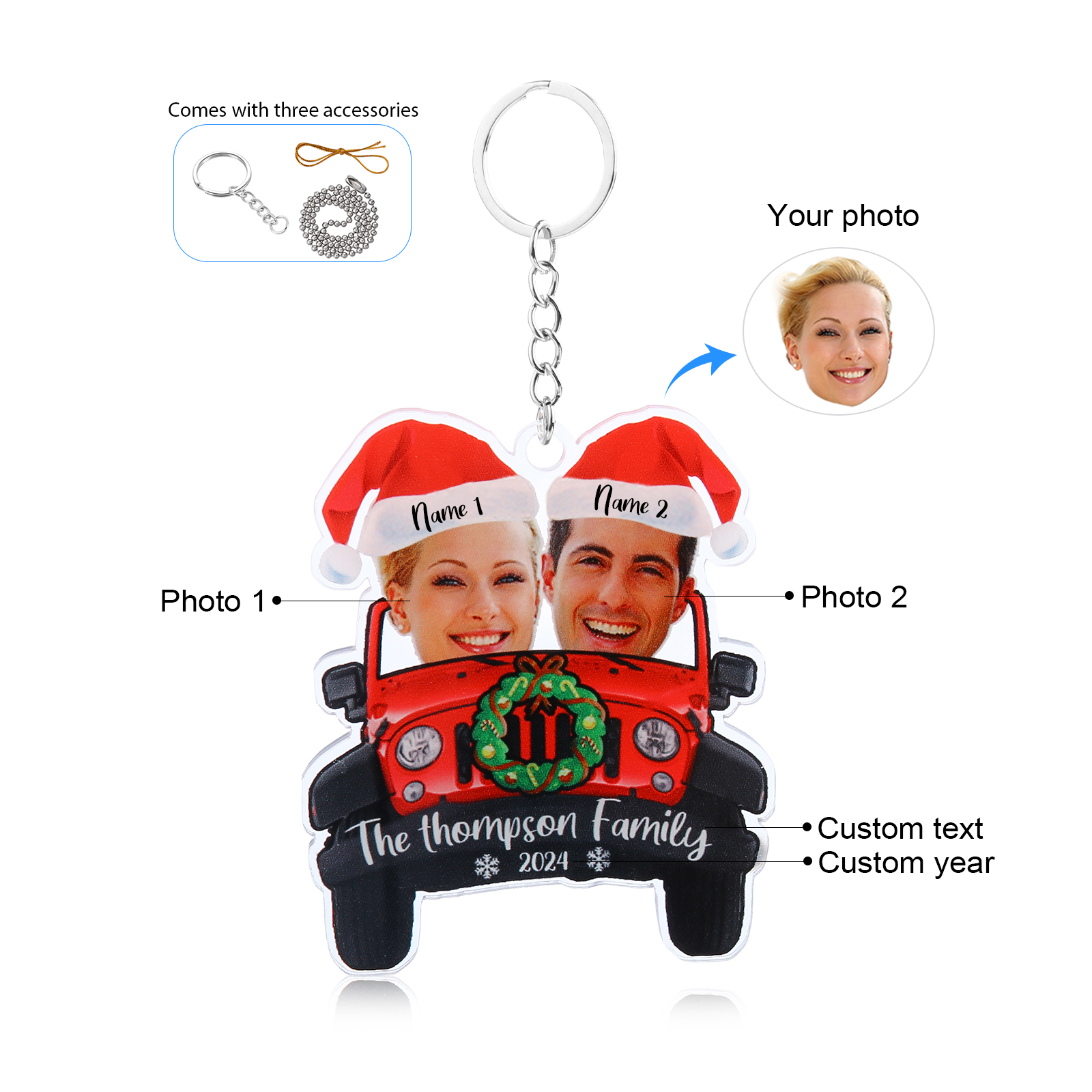 Acrylic Christmas Car Keychain Custom 2 Photos & 2 Names & 1 Text & 1 Year Hanging Ornaments Personalised Keyring for Couple | Jessemade